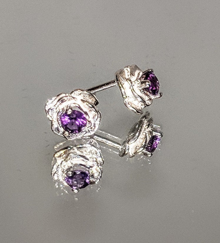 Genuine Solid Sterling Silver Rose Stud Earrings with Natural Sapphire, Ruby, Emerald Birthstones | Petite Jewelry for Women | Perfect Gift for Birthday, Anniversary & Special Occasions