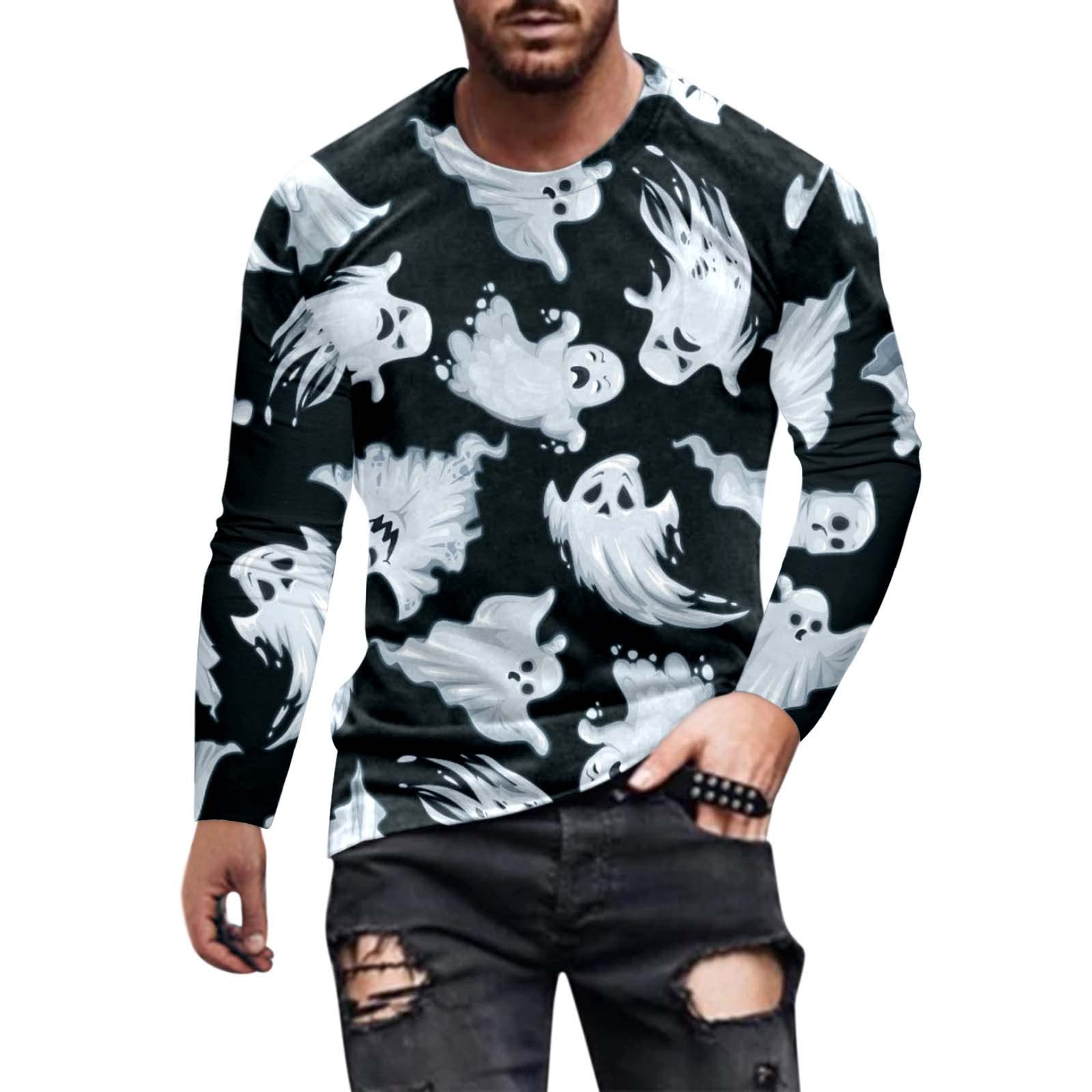 Halloween Pumpkin Print T-Shirt for Men - Vintage Long Sleeve Round Neck Blouse - Perfect for Halloween Parties, Costume Events & Spooky Seasonal Outfits