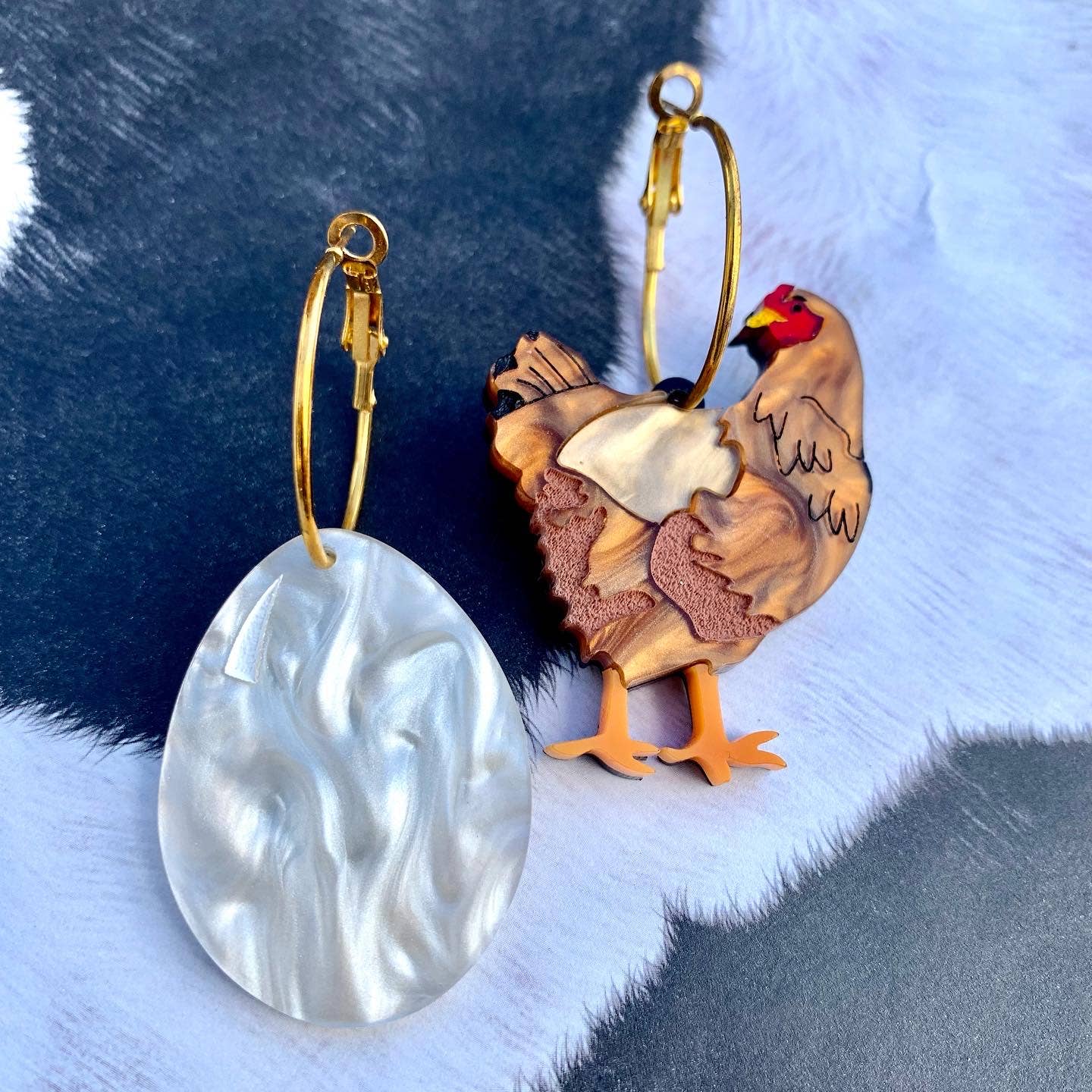 Chicken and Egg Acrylic Statement Earrings - Fun and Unique Handmade Dangle Earrings for Women - Perfect for Easter, Farm Theme Parties, and Quirky Fashion Accessories
