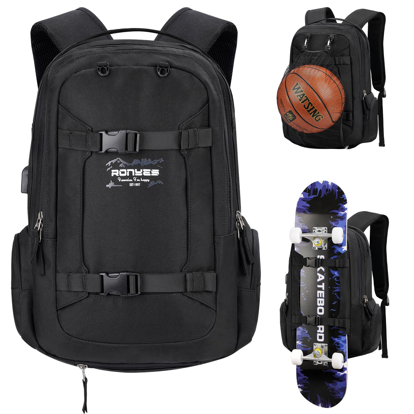 Ronyes Skateboard Backpack with USB Charging Port - 17.3 Inch Laptop Backpack for Skateboarding, Basketball & Travel | Durable Sports Bag for Longboards & Daily Commute | Perfect for School, Gym & Outdoor Adventures (Black)
