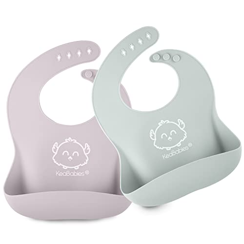 2-Pack Baby Silicone Bibs - Waterproof & Easy Clean Feeding Bibs for Babies & Toddlers with Large Food Catcher Pocket | BPA-Free, Food-Grade Silicone | Perfect for Travel, Home & Restaurants (Soft Dusk)