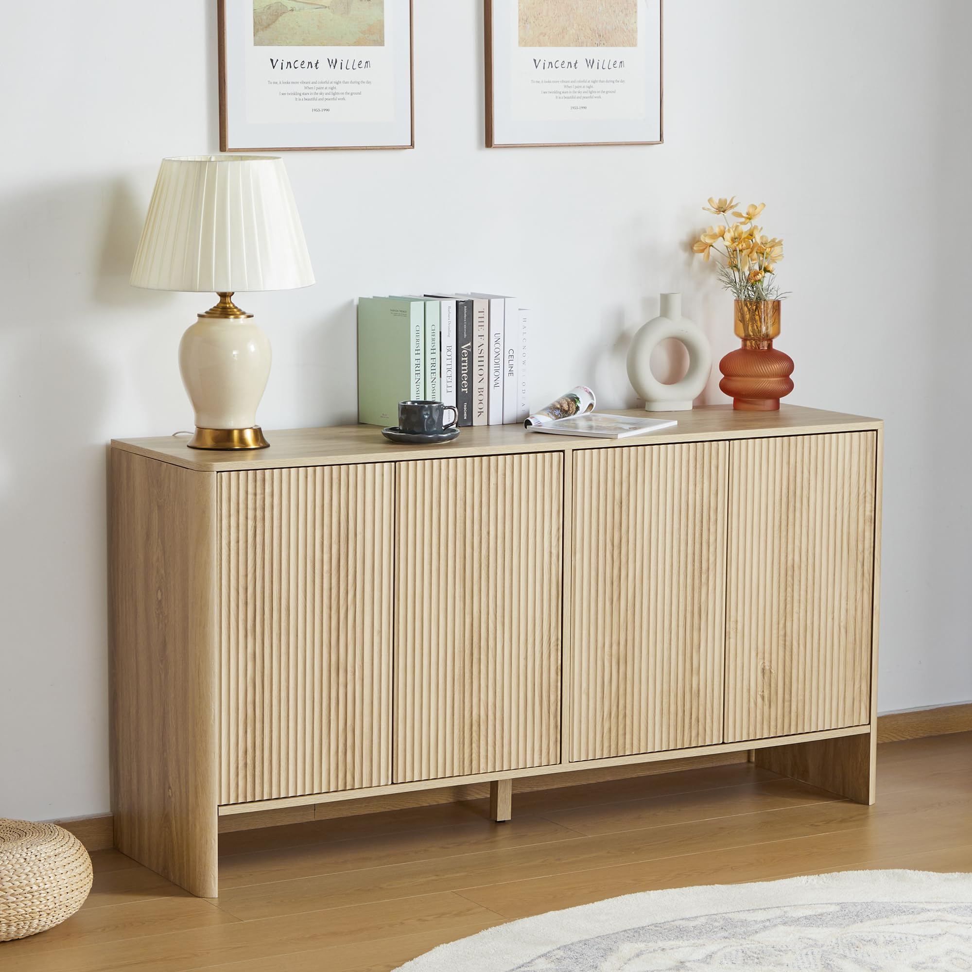 Modern Sideboard Buffet Cabinet with 4 Fluted Doors & Adjustable Shelves - Solid Wood Storage Credenza for Dining Room, Kitchen, Living Room & Entryway - Perfect for Entertaining, Displaying Decor & Organizing Dishes (Natural Finish)