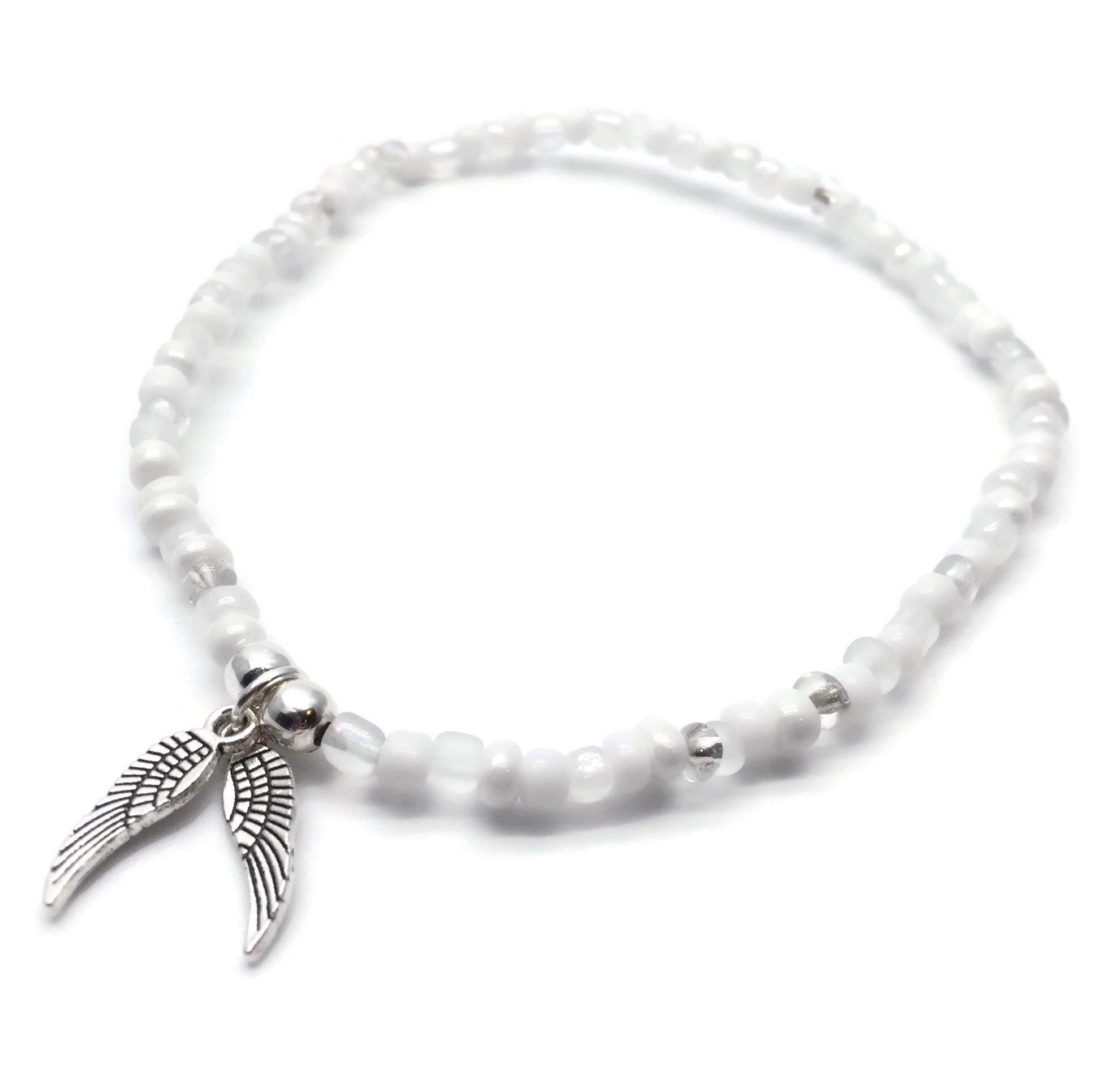 Angel Wings Charm Anklet - Elegant White Glass Seed Beads with Silver Tone Charm - Adjustable 10 Inch Ankle Bracelet for Women - Perfect for Beach, Boho Style & Everyday Wear