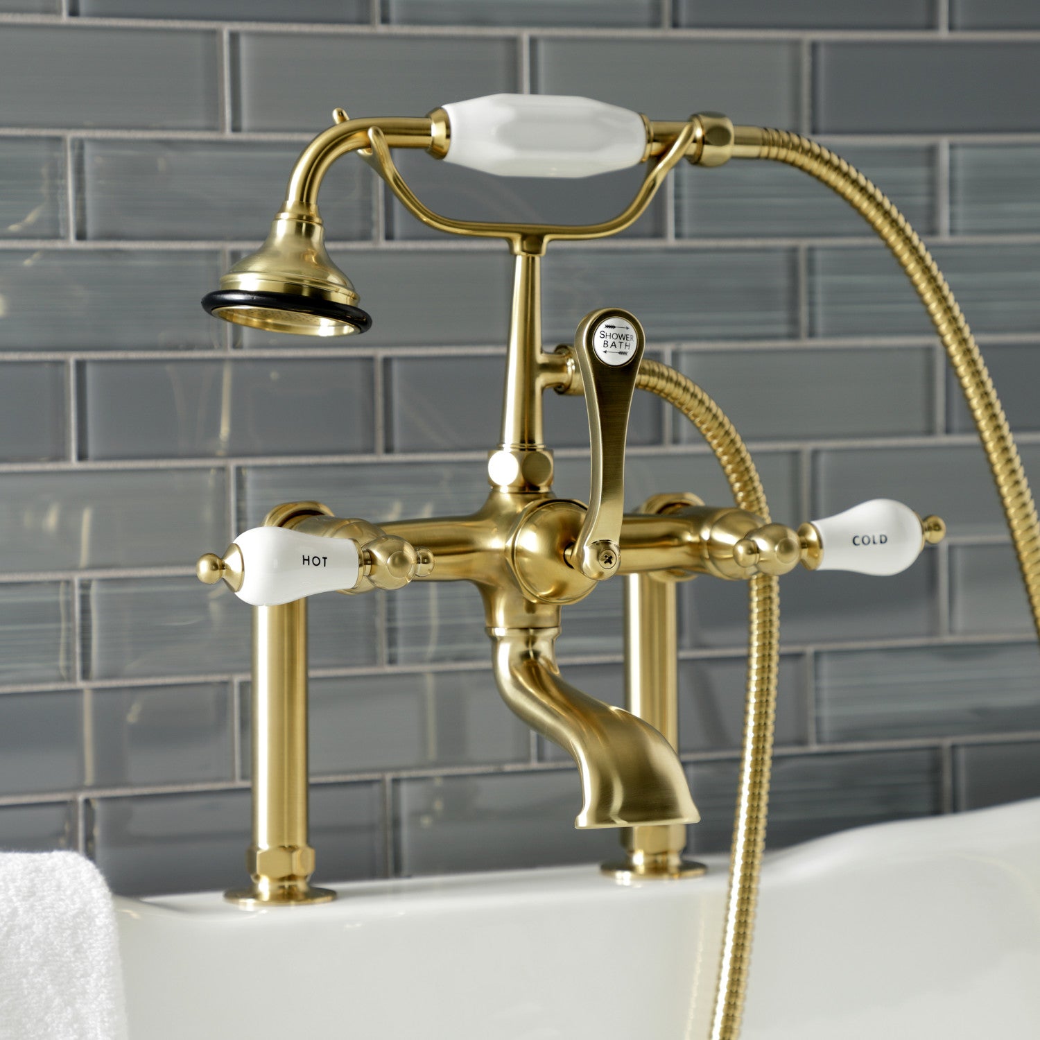 Vintage Clawfoot Tub Faucet with Hand Shower - 3-Handle 2-Hole Deck Mount in Brushed Brass for Bathroom & Spa Relaxation | Aqua AE107T7