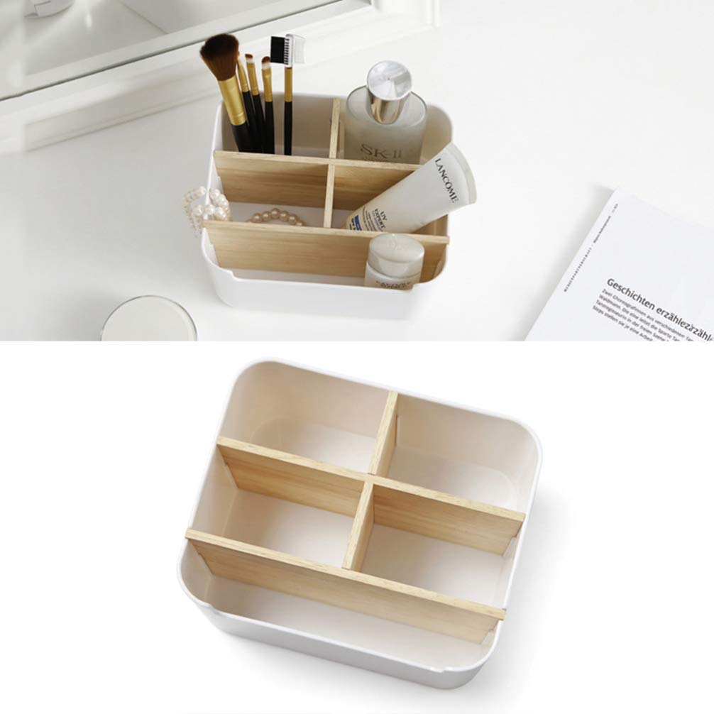 Cabilock Bamboo Cosmetic Storage Organizer - Countertop Makeup Organizer with Magazine Basket, Office Stationery Storage Box - Perfect for Bathroom Vanity, Bedroom Dresser & Desk Organization