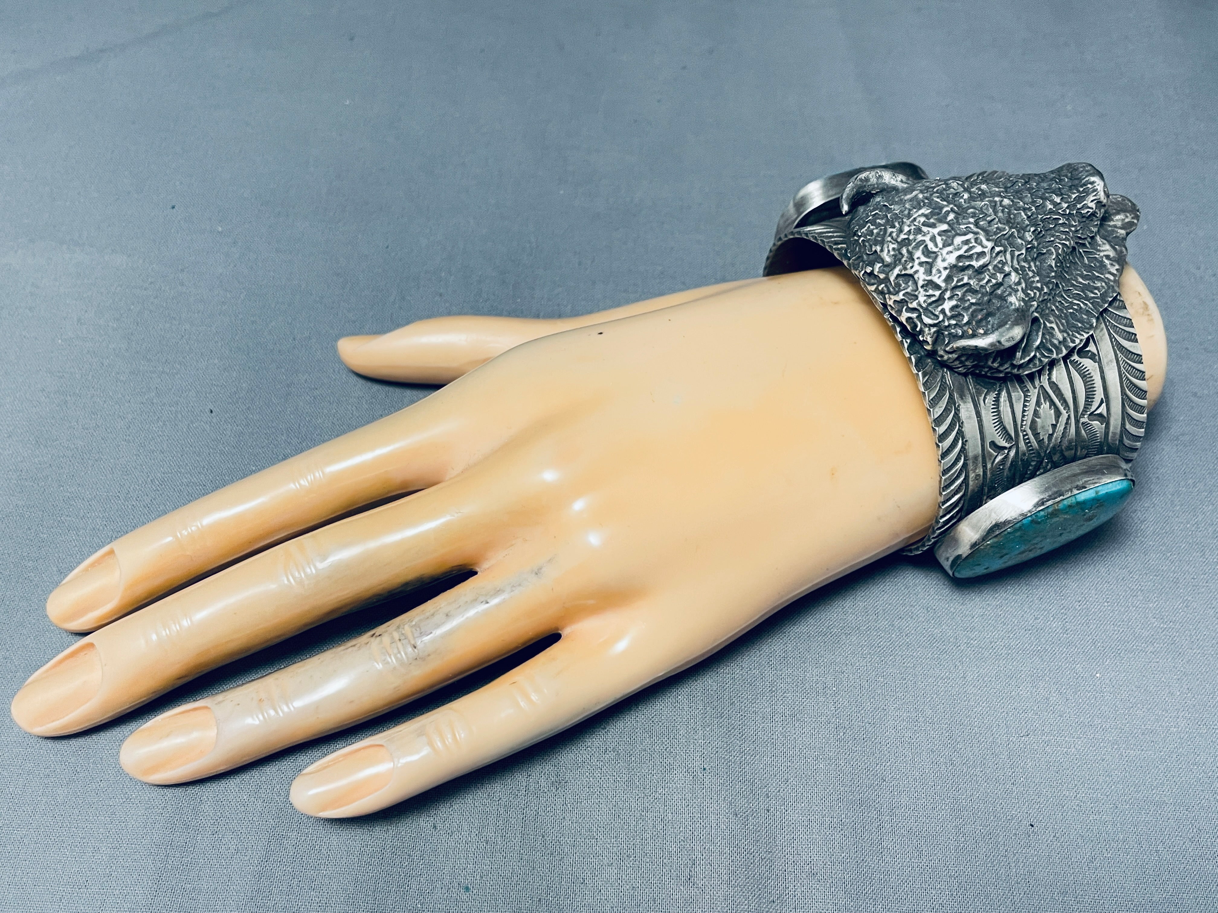 Authentic Navajo Sterling Silver Bison Bracelet with Genuine Turquoise (175g) - Handmade Native American Jewelry for Women, Boho Fashion Accessory, Perfect for Festivals & Spiritual Gifts