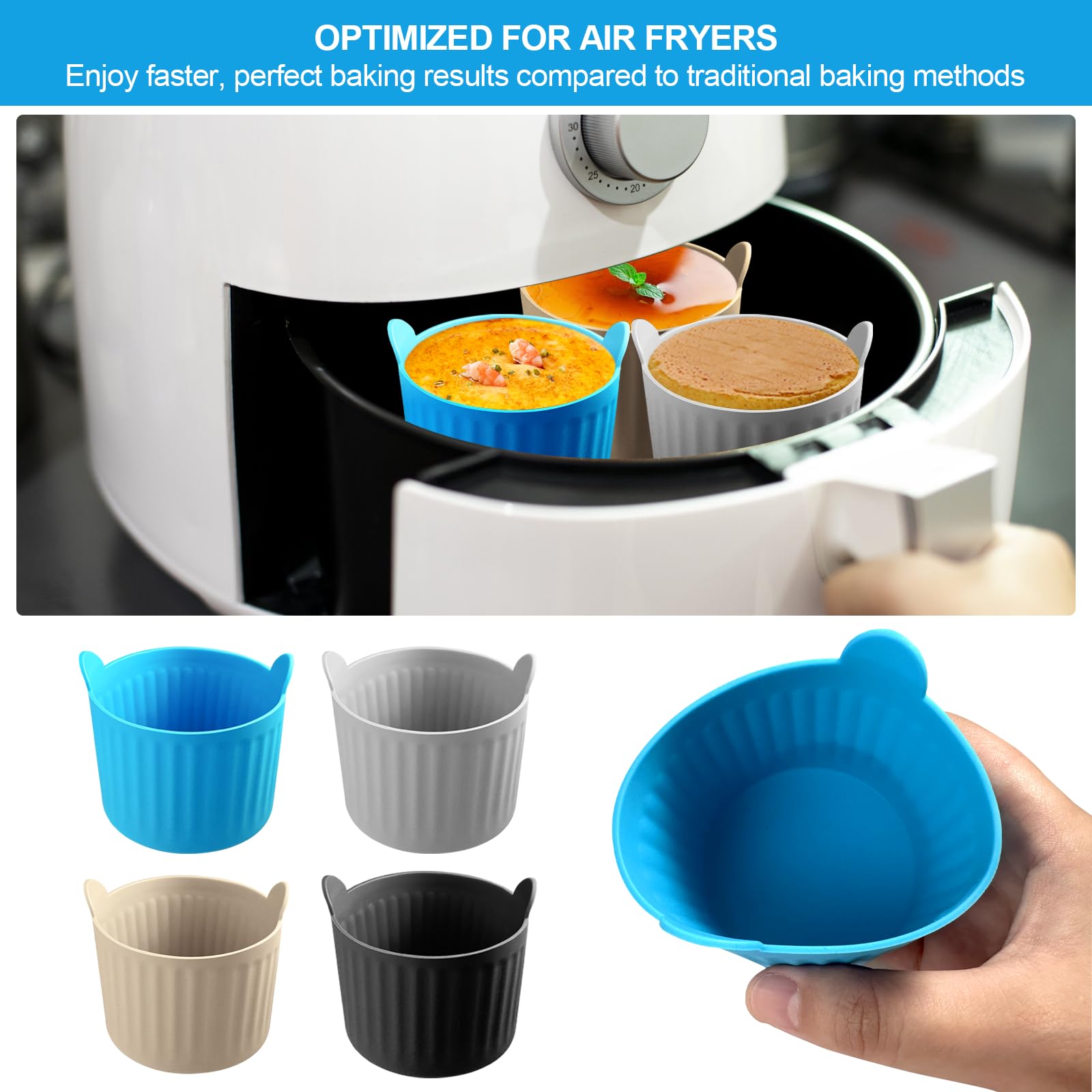 8-Piece Premium Food-Grade Silicone Air Fryer Baking Ramekins - Non-Stick Reusable Mold Cups for Eggs, Cupcakes, Muffins, Puddings, Tarts & Custards - Perfect Air Fryer Accessories for Healthy Cooking & Meal Prep