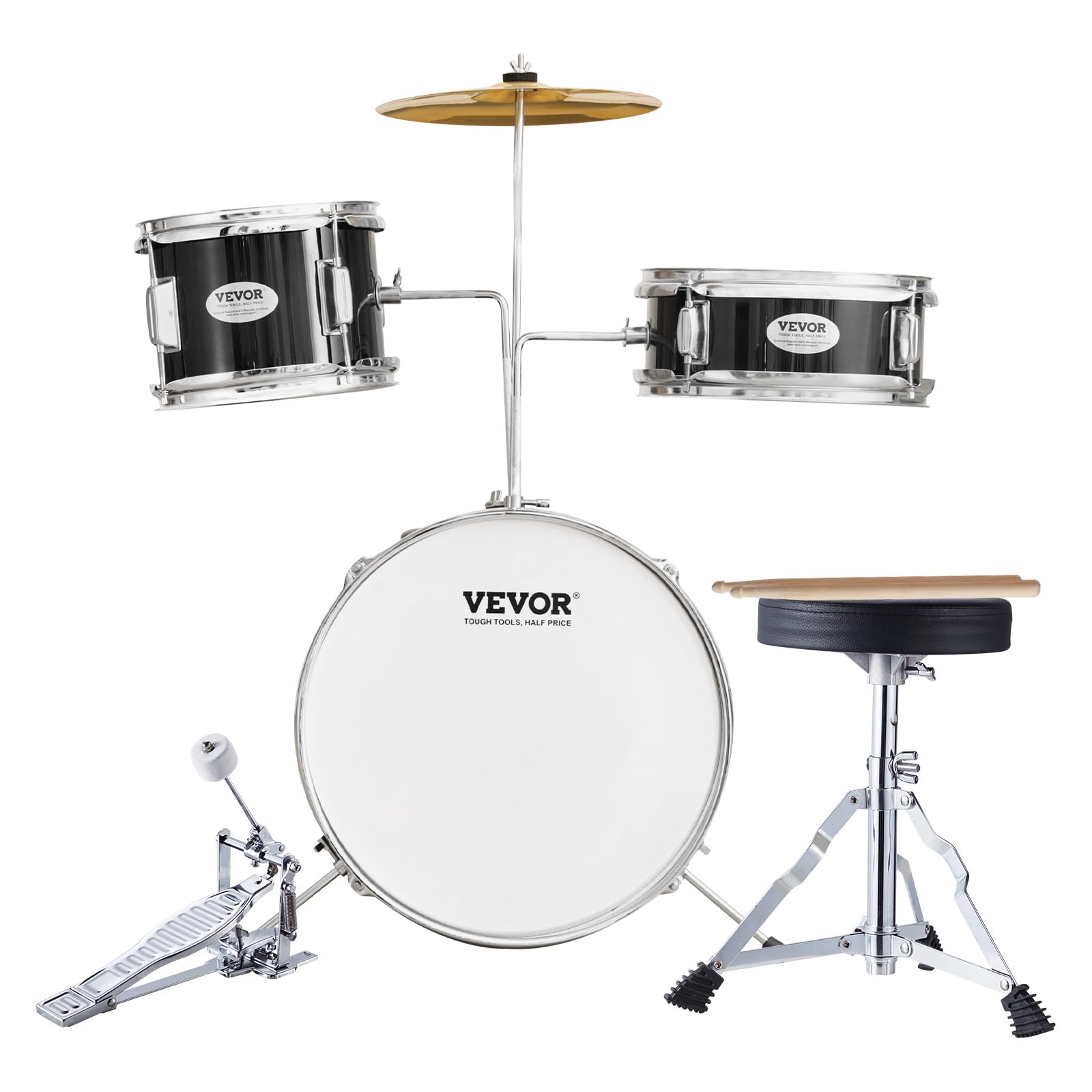 VEVOR Kids Drum Set 3-Piece Junior Beginner Drum Kit with Adjustable Throne, Sticks, Cymbal & Pedal - 14 Inch Black Tom Snare Bass Starter Drum Set for Children | Perfect for Home Practice, Music Lessons & Birthday Gifts