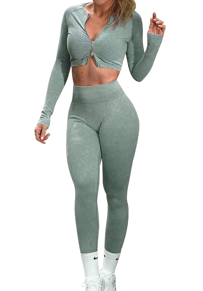 OLCHEE Women's 2-Piece Workout Set - Seamless Acid Wash Yoga Shorts & Crop Top Matching Gym Outfit | Perfect for Yoga, Pilates & Fitness Training
