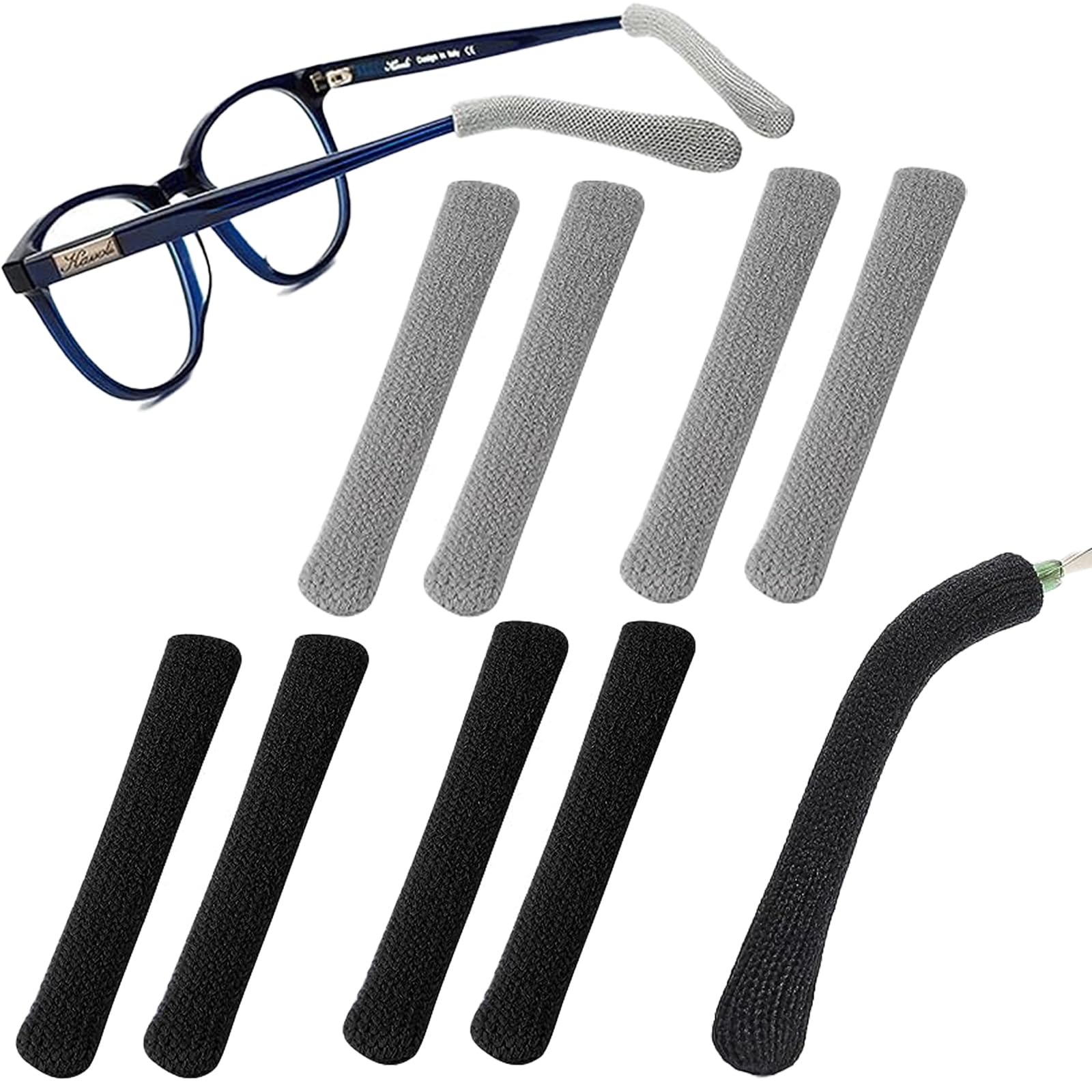 Upgraded Soft Knit Cotton Eyeglass Ear Cushions - Anti-Slip Temple Tips & Retainers for Glasses & Sunglasses (2 Black + 2 Gray Pairs) - Comfortable Eyewear Accessories for Work, Reading & Outdoor Activities