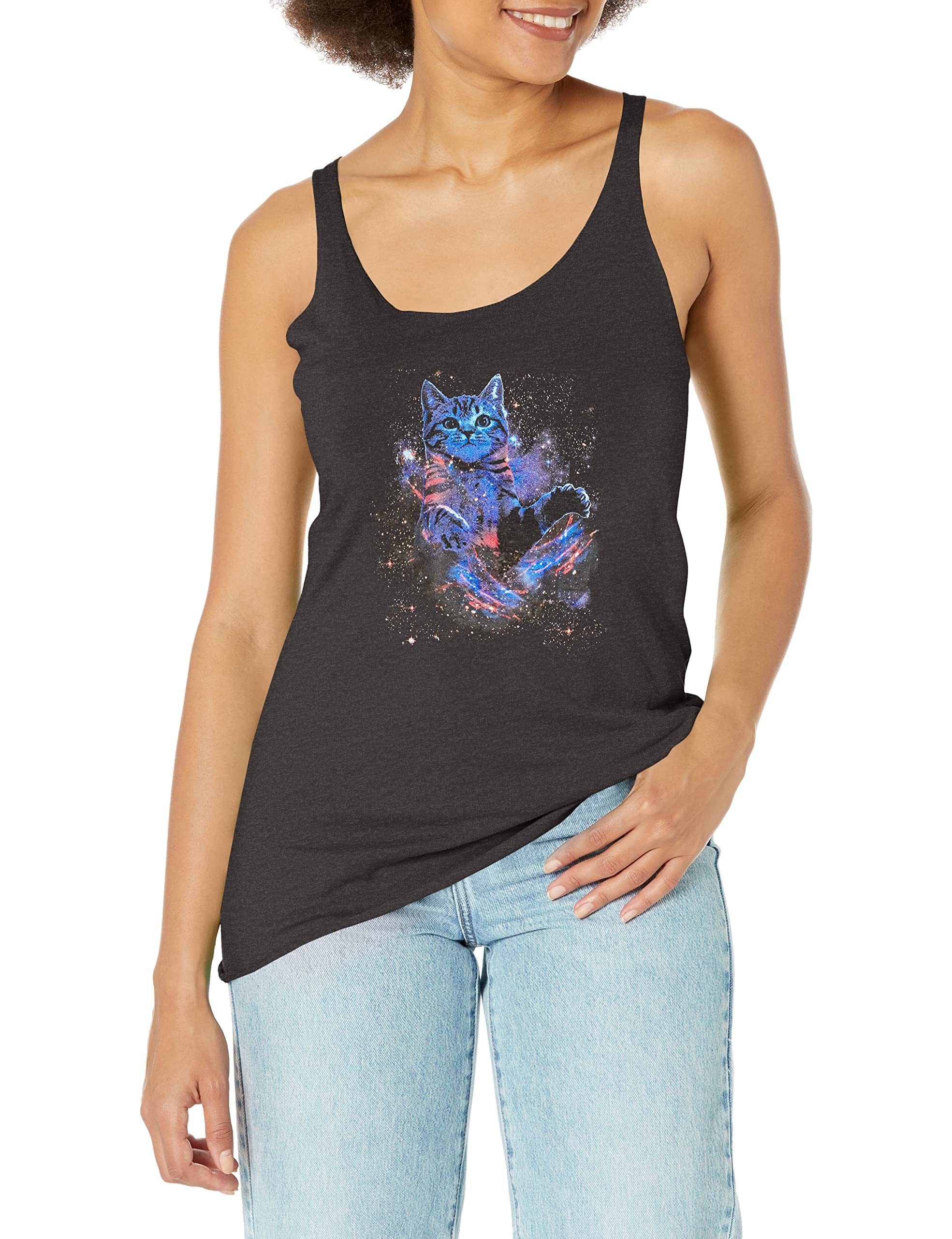LOST GODS Women's Space Cat Racerback Tank Top - Stylish Graphic Tee for Casual Wear, Gym & Summer Outfits