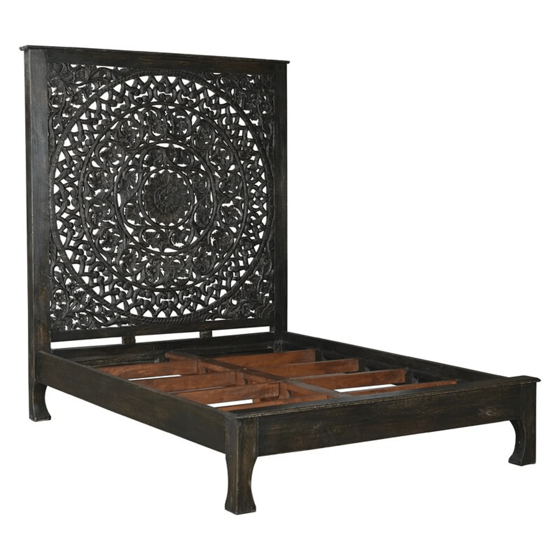 Hand Carved High Headboard Platform Bed Frame in Black - Solid Wood Indian Style Bedroom Furniture for Master Bedroom & Guest Room