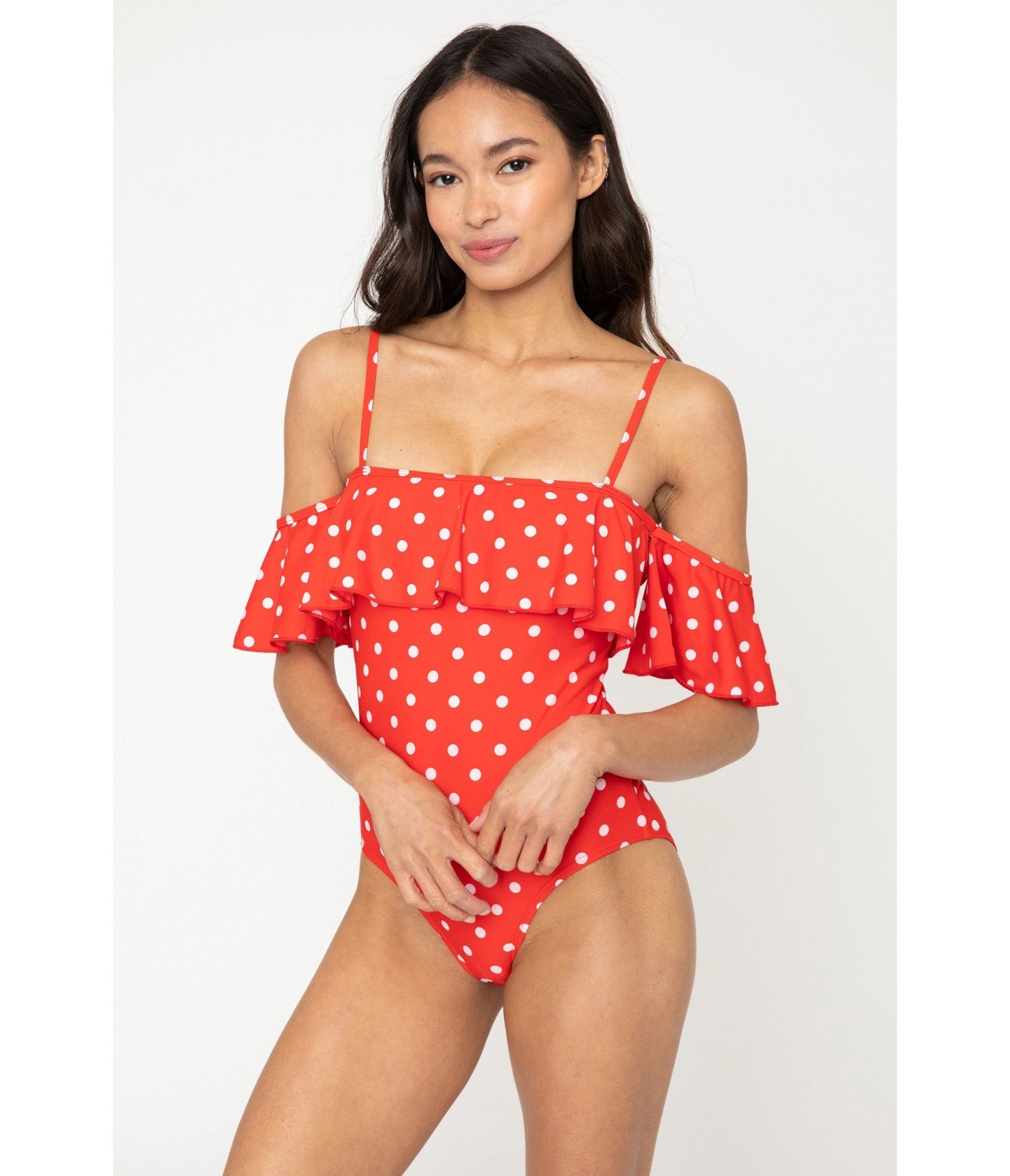 Marina West Red & White Polka Dot Off The Shoulder Ruffle One Piece Swimsuit | Women's Sexy Summer Bathing Suit | Perfect for Beach Vacations, Pool Parties & Tropical Getaways