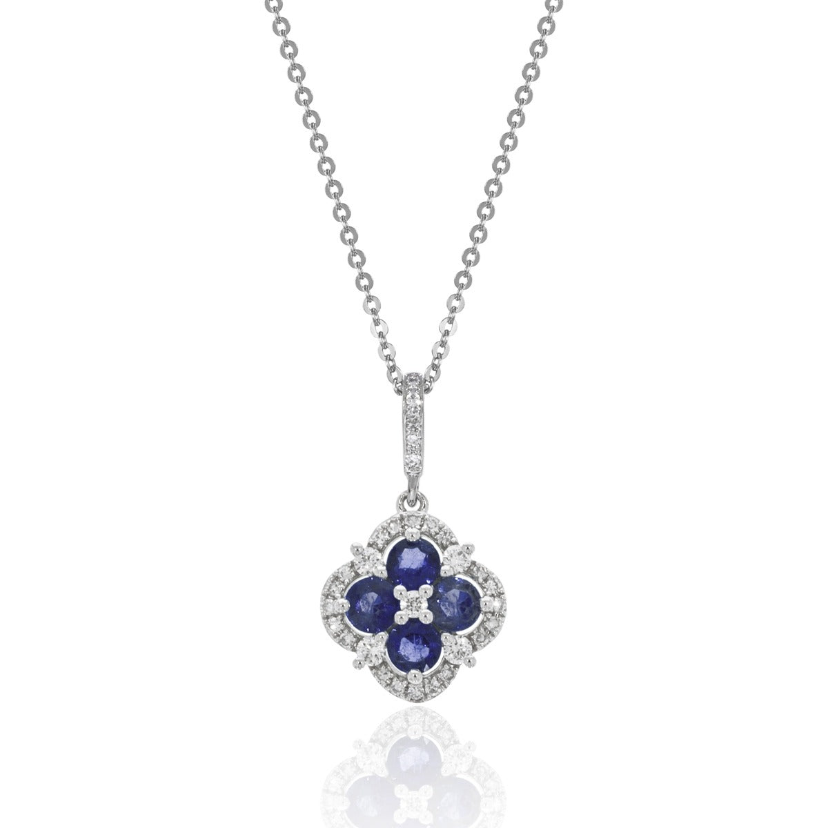 14K White Gold Clover Necklace with Sapphire & Diamond Accents - Elegant Jewelry Gift for Women, Perfect for Anniversaries, Birthdays & Special Occasions