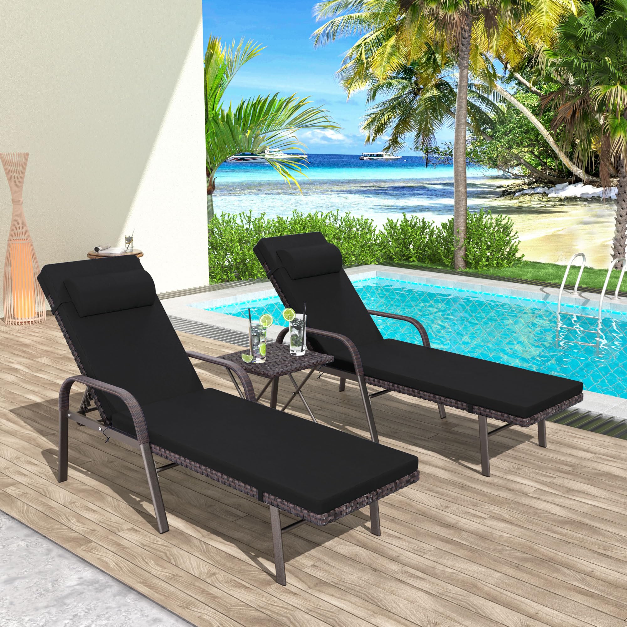 3-Piece Patio Chaise Lounge Set with Cushions - Adjustable Rattan Backrest Folding Pool Chairs & Side Table - Outdoor Furniture for Poolside, Porch, Deck, Garden Relaxation (Black)