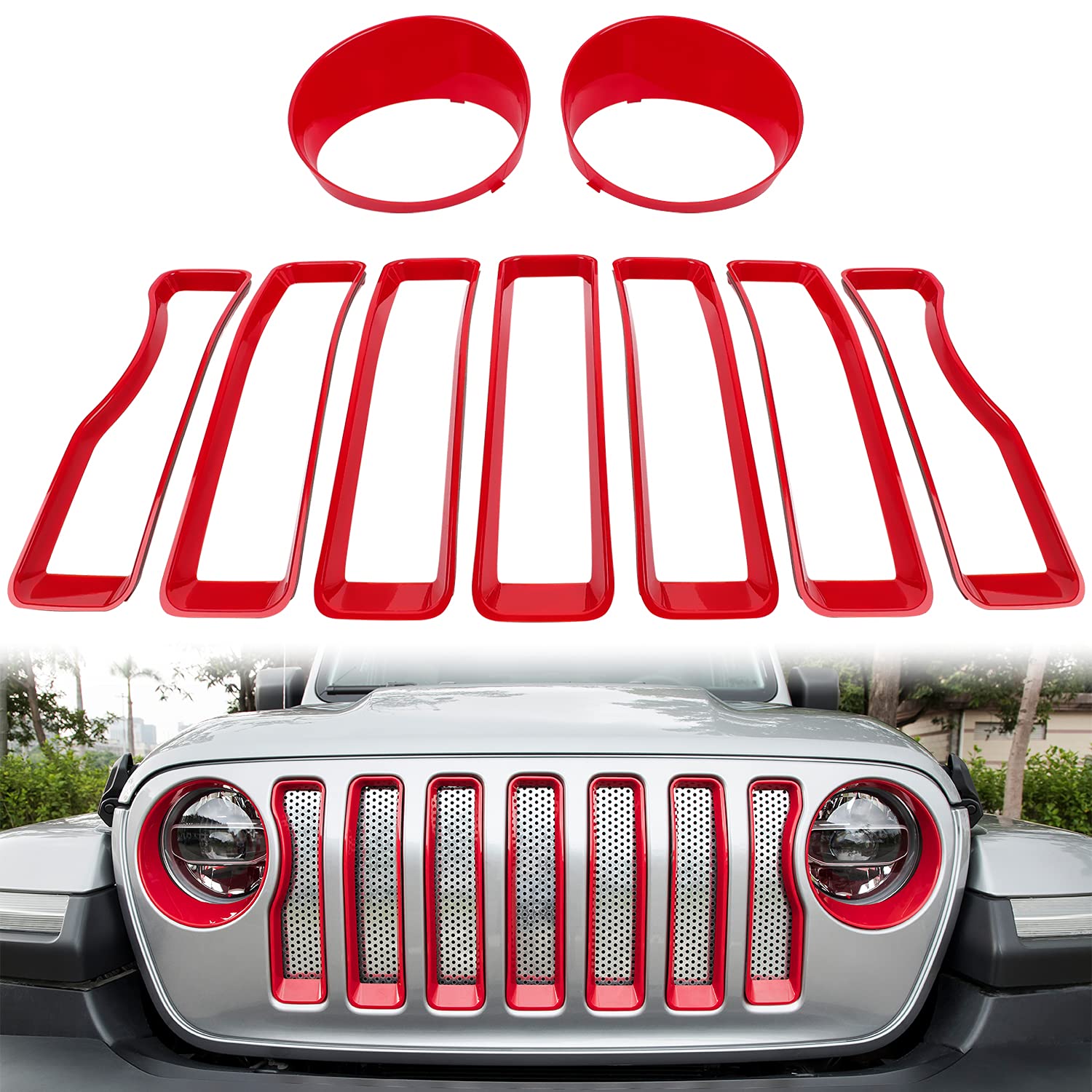 Jeep Wrangler JL Sport/Sahara 2018-2023 Red Mesh Grille Insert & Headlight Turn Signal Cover - Durable Exterior Accessories for Off-Road Adventure & Custom Styling