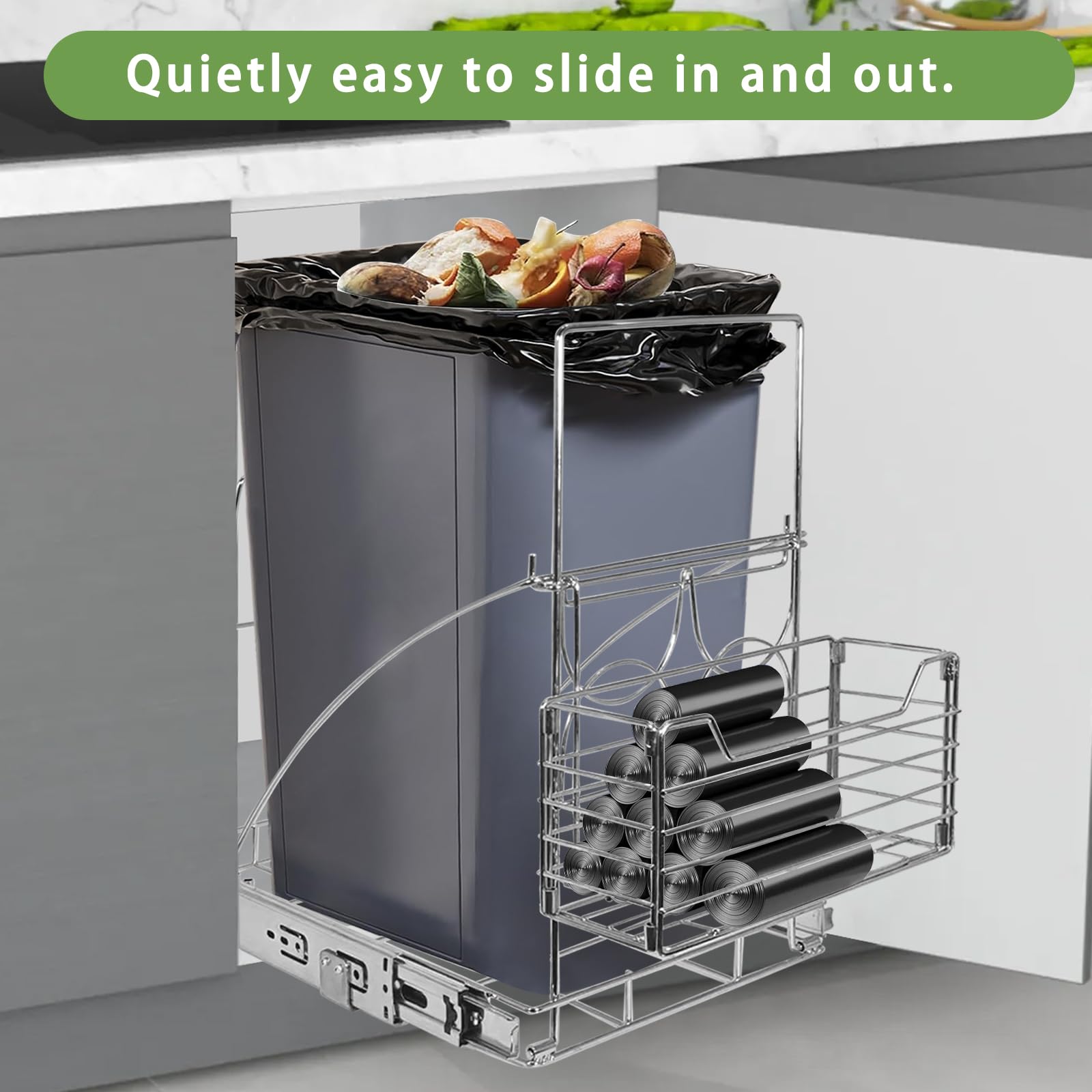 Pull Out Trash Can Under Cabinet - Adjustable Sliding Kitchen Waste Bin for Under Sink, 13 Gallon Stainless Steel (Silver) - Perfect for Small Spaces & Cabinet Organization