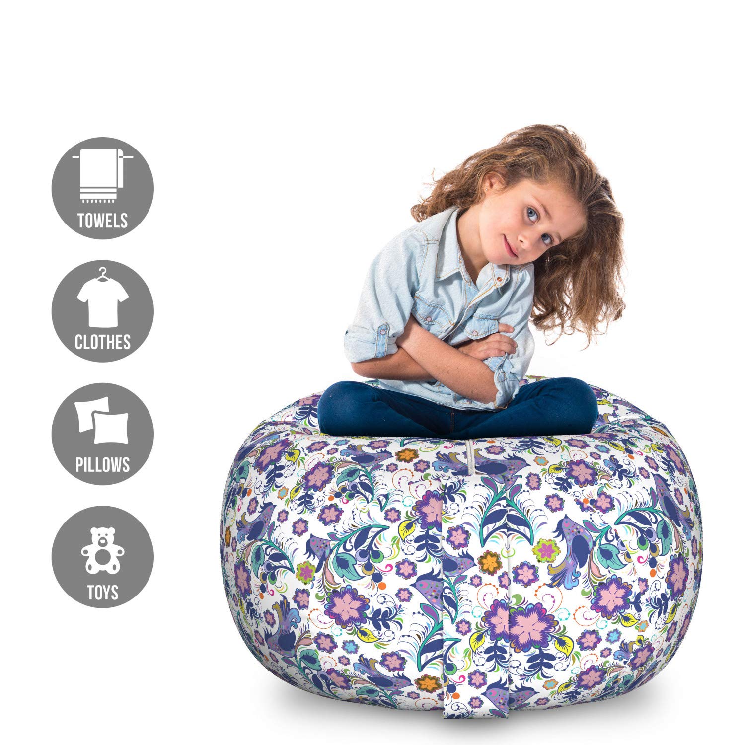 Ambesonne Floral Storage Toy Bag Chair - Large Washable Organizer with Colorful Abstract Flowers & Bird Pattern - Perfect for Kids' Room, Nursery, and Playroom Organization
