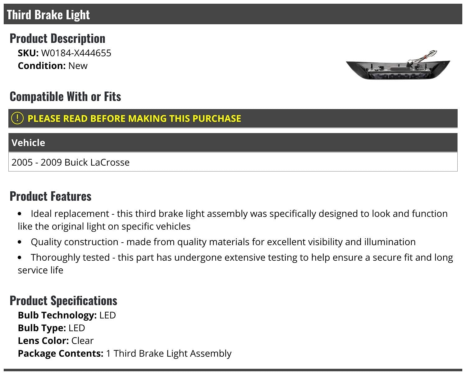 LED Third Brake Light Assembly with Clear Lens - Compatible with 2005-2009 Buick LaCrosse - Perfect for Enhanced Safety & Style Upgrades