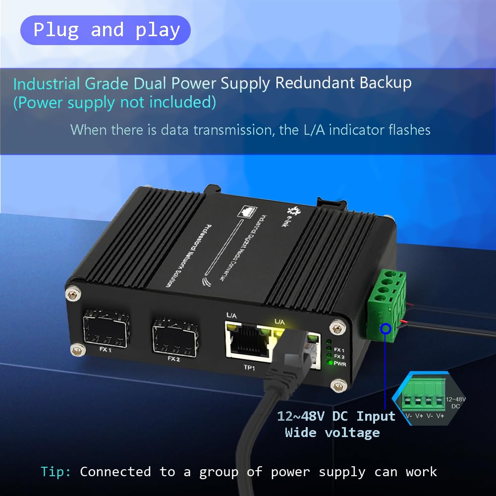 Industrial 2-Port Gigabit Media Converter | DIN Rail Mount | 10/100/1000Mbps Ethernet to SFP Fiber Converter | 2 RJ45 & 2 SFP Ports | Weatherproof for Outdoor Use | Perfect for Industrial Networks, Data Centers & Harsh Environments