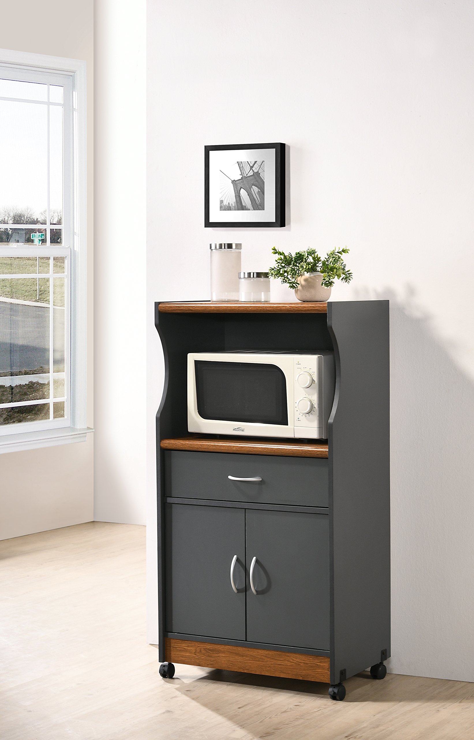 HODEDAH Microwave Cart with Storage - 1 Drawer, 2 Doors & Shelf - Compact Kitchen Organizer for Small Spaces - Grey Oak Finish - Perfect for Apartments, Dorms & Office Break Rooms