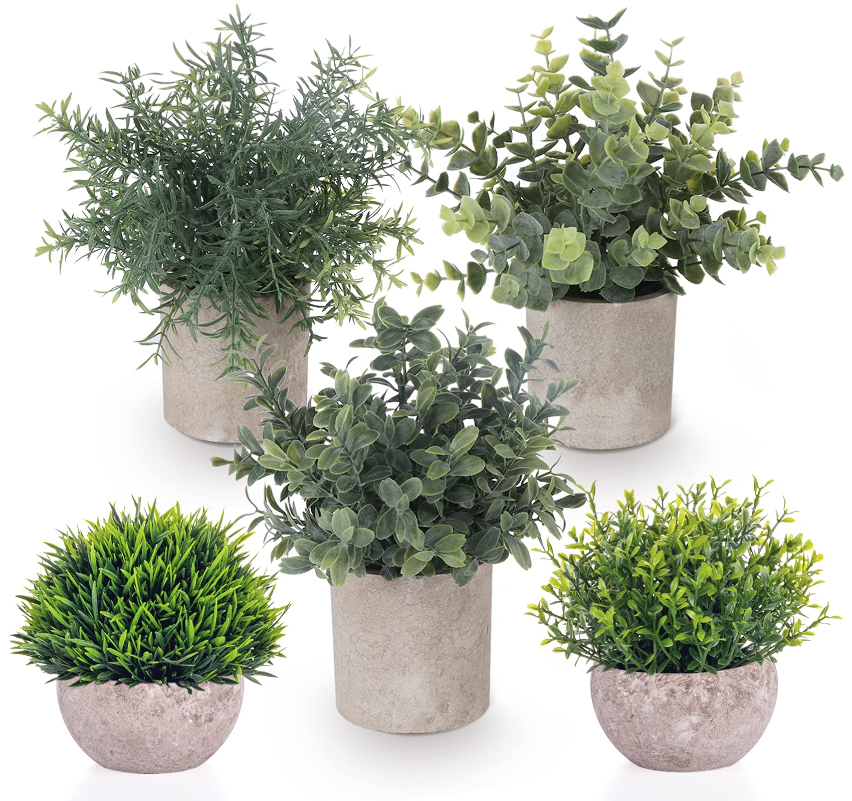 Set of 5 Mini Artificial Potted Plants - Small Faux Eucalyptus & Greenery Plastic Grass - Realistic Fake Plants for Home, Office, Desk, Bathroom Decor - Perfect for Indoor Spaces, Balcony & Shelf Displays