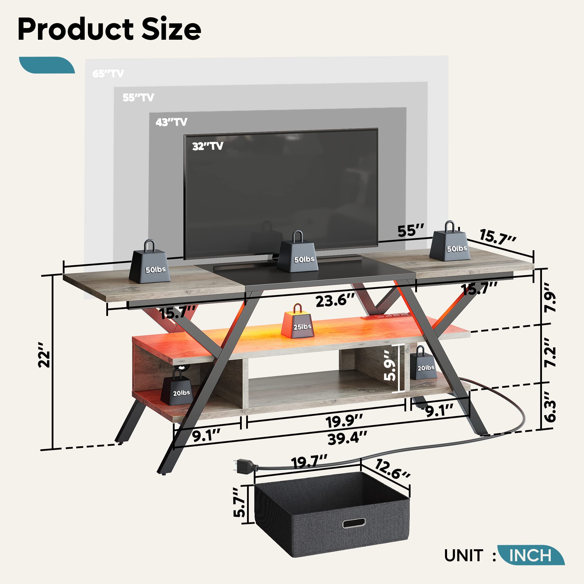 Bestier Farmhouse LED TV Stand with Power Outlets - Entertainment Center for 55/60/65 Inch TVs - Modern TV Cabinet with Storage for PS5, Xbox - Perfect for Living Room & Bedroom - Wash Grey Finish - Ideal for Gaming Setups & Home Theater Systems