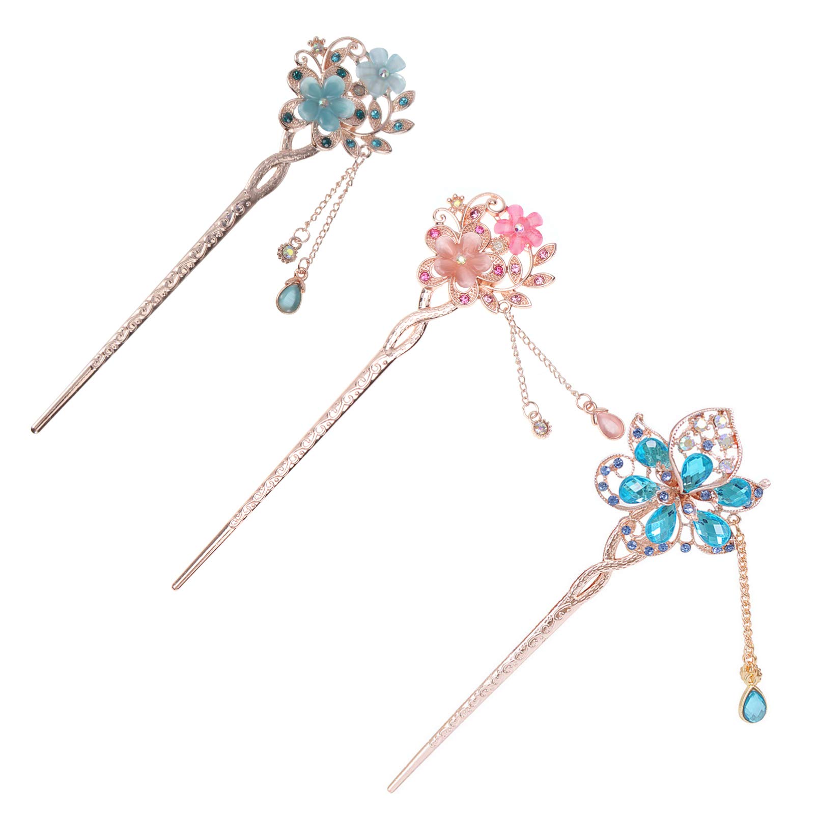 Beaupretty Rhinestone Flower Hair Stick - Vintage Chinese Hairpin with Tassels - 3PCS Hair Styling Accessories for Weddings, Parties & Traditional Hairstyles