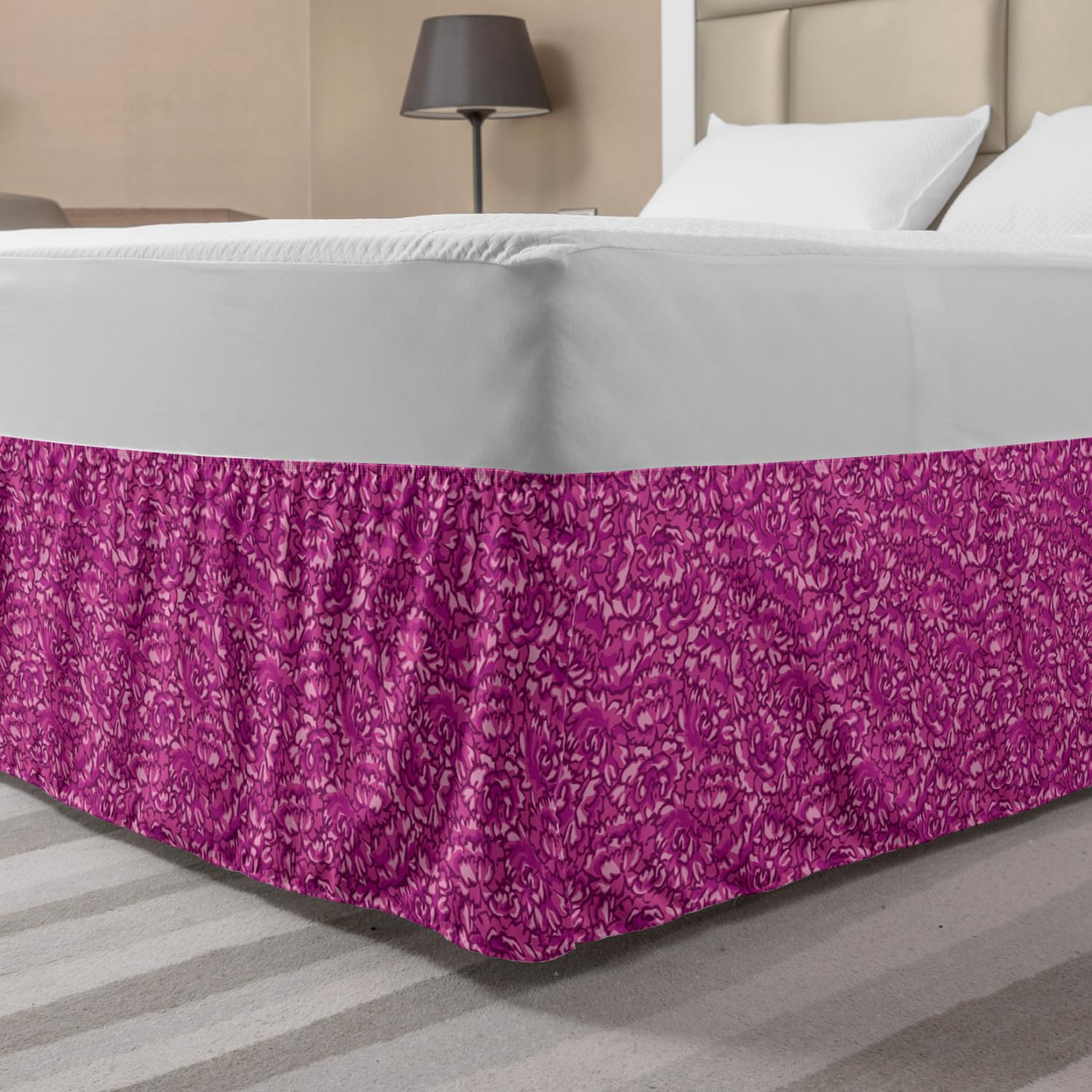 Ambesonne Pink Floral Elastic Bed Skirt - King Size Peony Petals Design, Wrap Around Dust Ruffle for Bedroom Decor | Soft Pale Pink Summer Bedding Accessory for Master Bedroom, Guest Room & Dorm