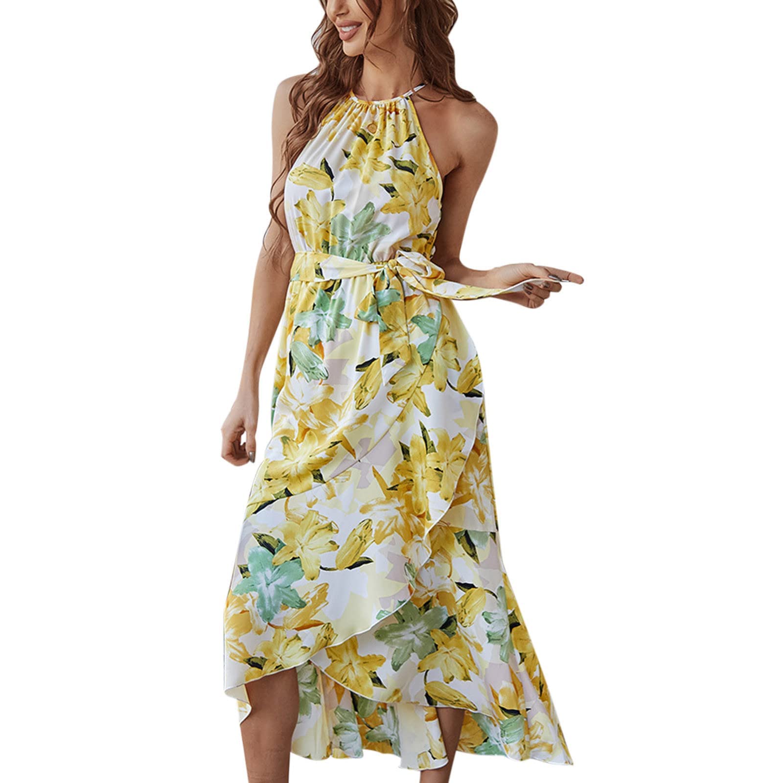 Women's Summer Dresses 2023 - Sleeveless Sexy Casual Bandage Pleated Print Long Sundress | Loose Comfy Swing Dress for Beach, Vacation & Outdoor Parties
