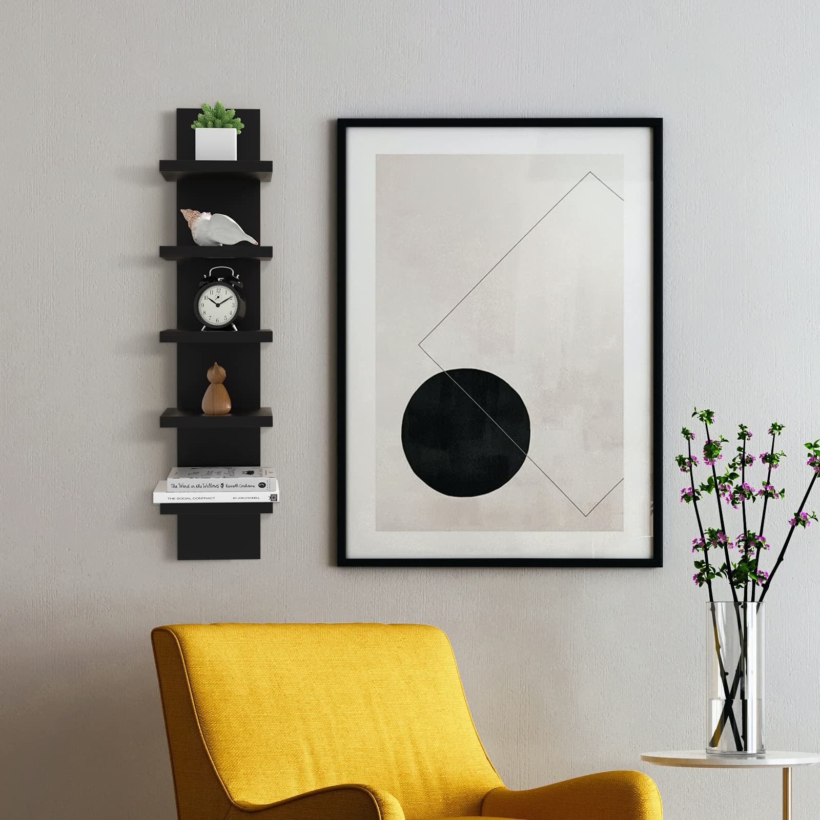 5 Tier Floating Wall Shelves - Vertical Column Wall Decor with Natural Finish for Bedroom & Living Room - Black - Perfect for Displaying Books, Plants, and Decorative Items