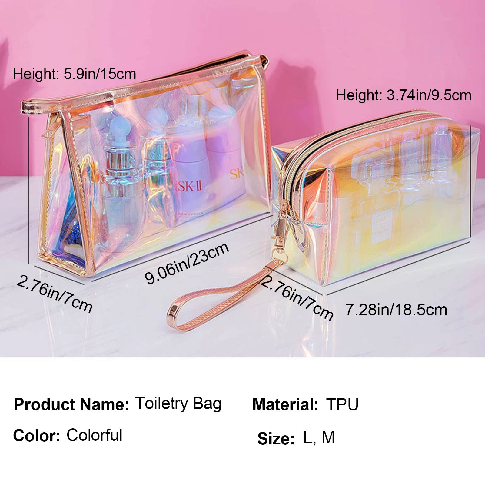 2-Pack Clear TPU Travel Toiletry Bags for Women - Waterproof Cosmetic & Makeup Organizer with Fashion Bling Design - Perfect for Vacation, Gym, Business Trips & Daily Essentials Storage
