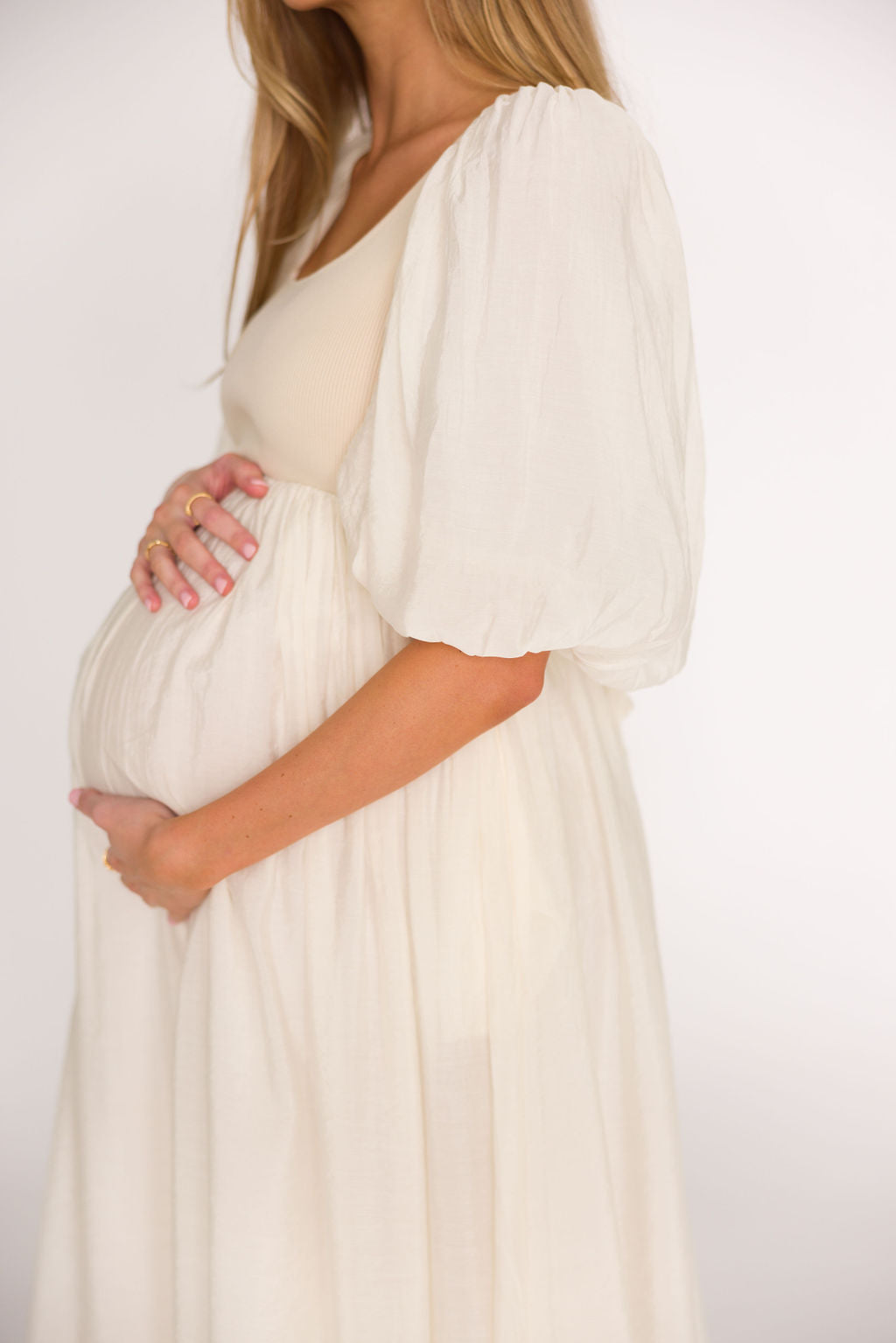 Raina Women's Maternity Midi Dress with Puff Sleeves - Bump Friendly Flowy Dress in Natural for Pregnancy, Nursing & Special Occasions