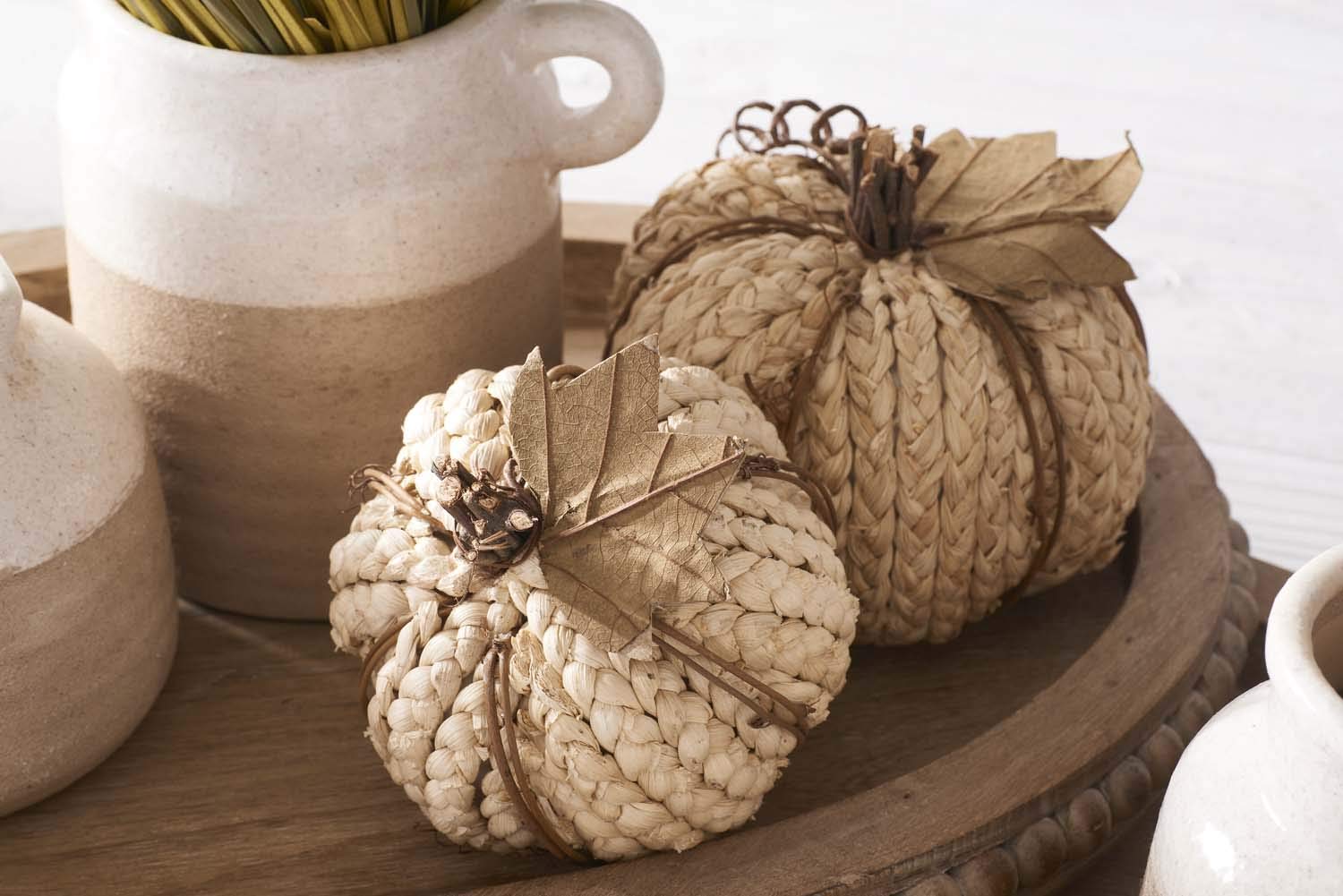 K&K Interiors 4.5 Inch Cream Braided Cornhusk Pumpkin with Grapevine Accents - Fall Home Decor for Thanksgiving, Autumn Table Centerpiece, and Seasonal Farmhouse Decor