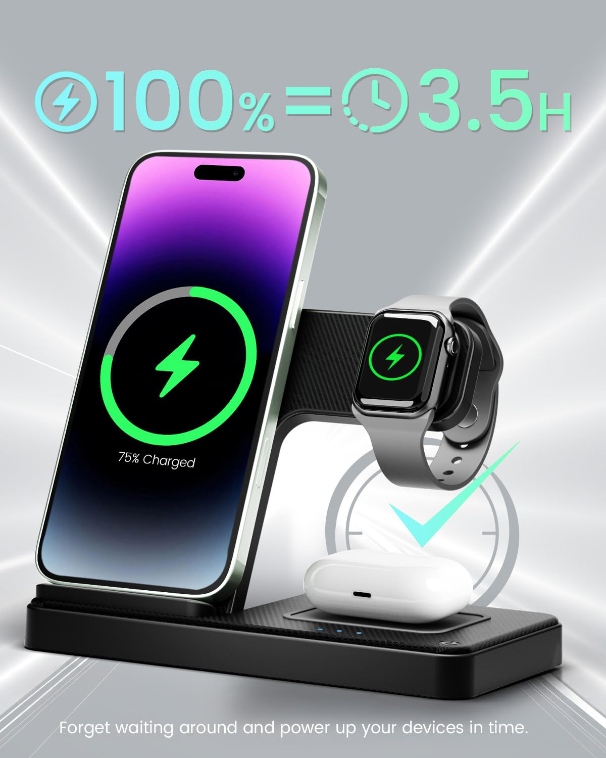 3-in-1 Wireless Charging Station for iPhone 16/15/14/13/12/11 Pro Max, Apple Watch 10/9/8/7/6/5/4/3/2/SE/Ultra & AirPods 4/3/2/Pro - Fast Qi-Certified Charger Stand for Multiple Devices | Perfect for Home, Office & Nightstand Charging