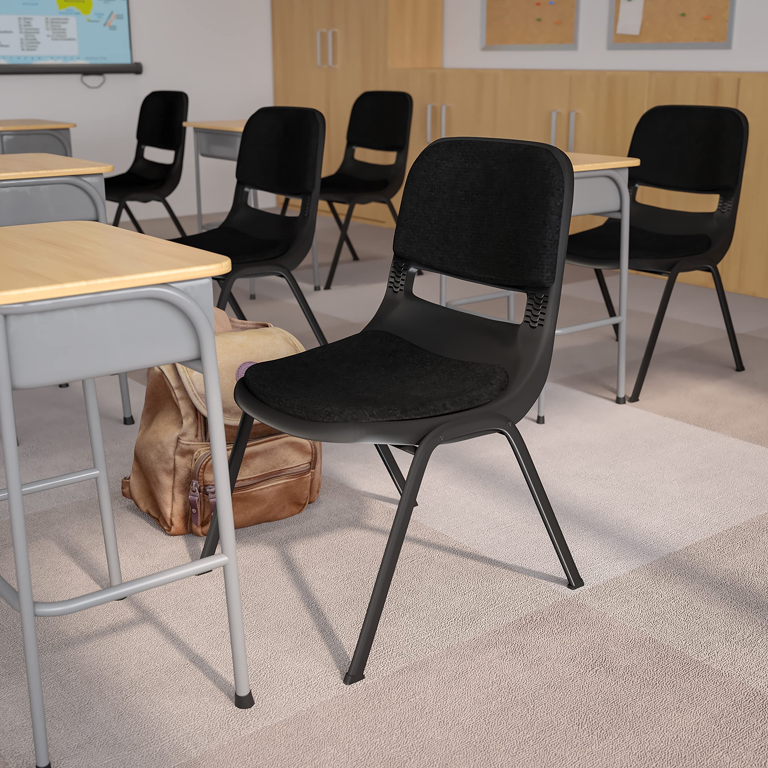 EMMA + OLIVER Black Padded Ergonomic Shell Student Stacking Chair - Comfortable Classroom Chair, Guest Chair for Home Office, School & Conference Room Use