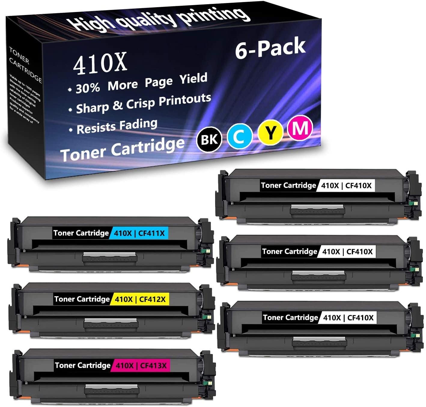 6-Pack (3BK+1C+1M+1Y) CF410X CF411X CF412X CF413X Compatible Toner Cartridge Replacement for HP Color LaserJet Pro MFP M477fdn M477fdw M477fnw M452dn M452dw M452nw M377dw Printers - High Yield Printing for Office & Home Use
