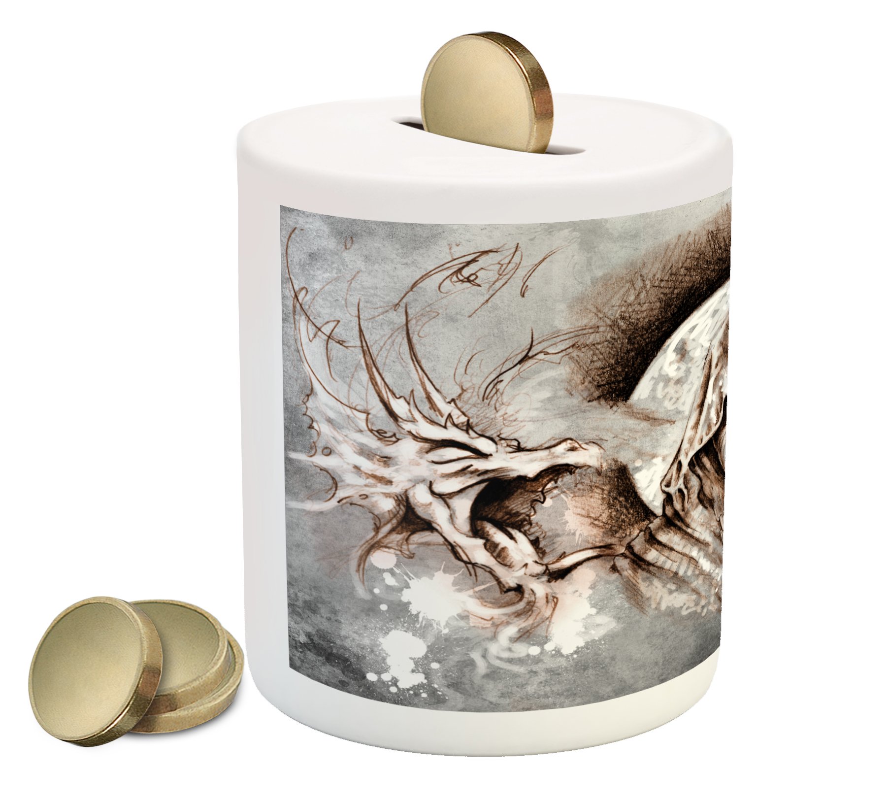 Ambesonne Gothic Dragon Piggy Bank - Medieval Magic Ceramic Coin Bank with Monk & Witch Design, Grey Umber Brown - Perfect for Cash Saving, Home Decor & Fantasy Theme Gifts