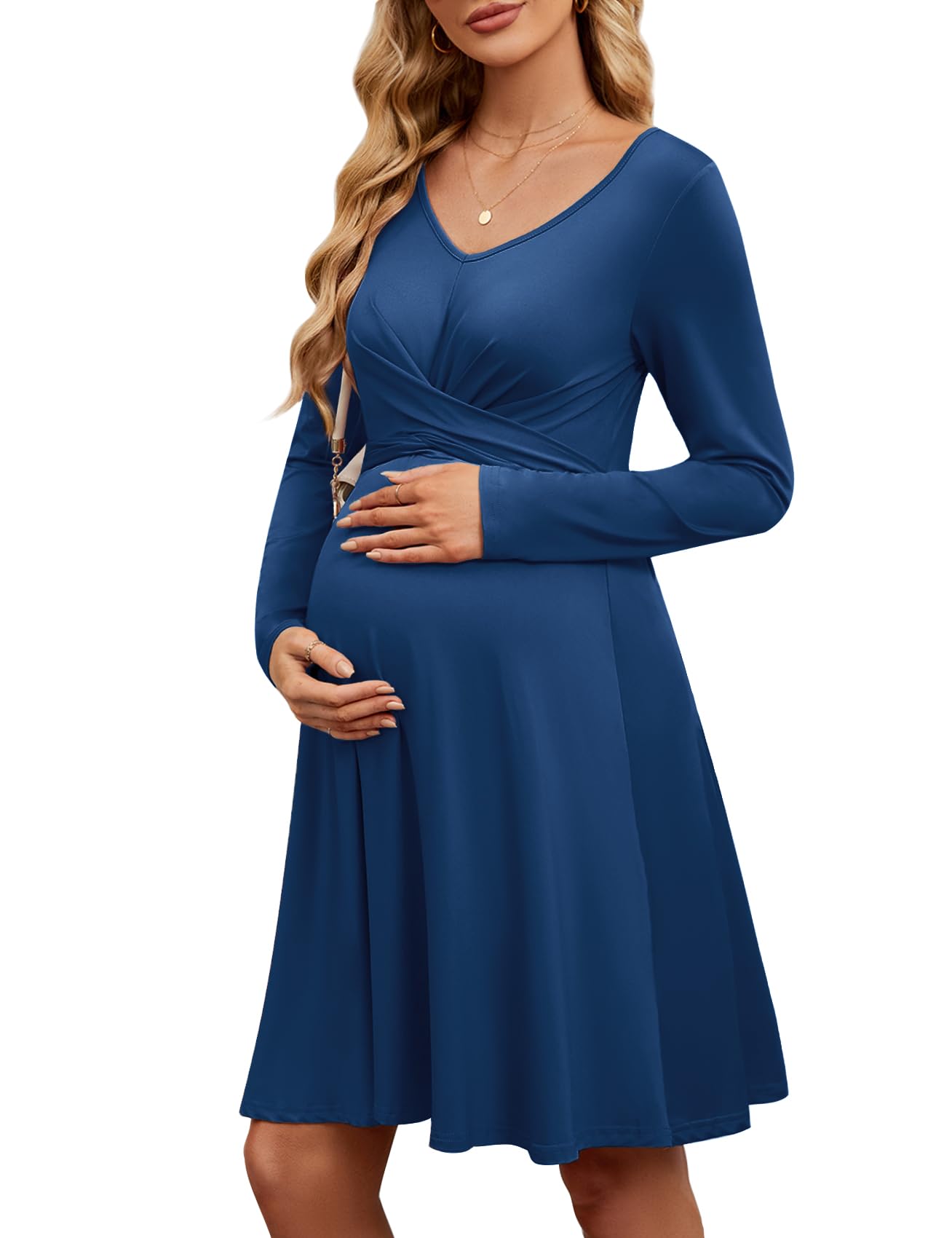 2024 Maternity Dress Long Sleeve Criss Cross Tie A-Line Knee Length Pregnancy Clothes for Baby Shower & Fall Season | Comfortable Nursing Dress for Casual Wear, Photoshoots and Special Occasions