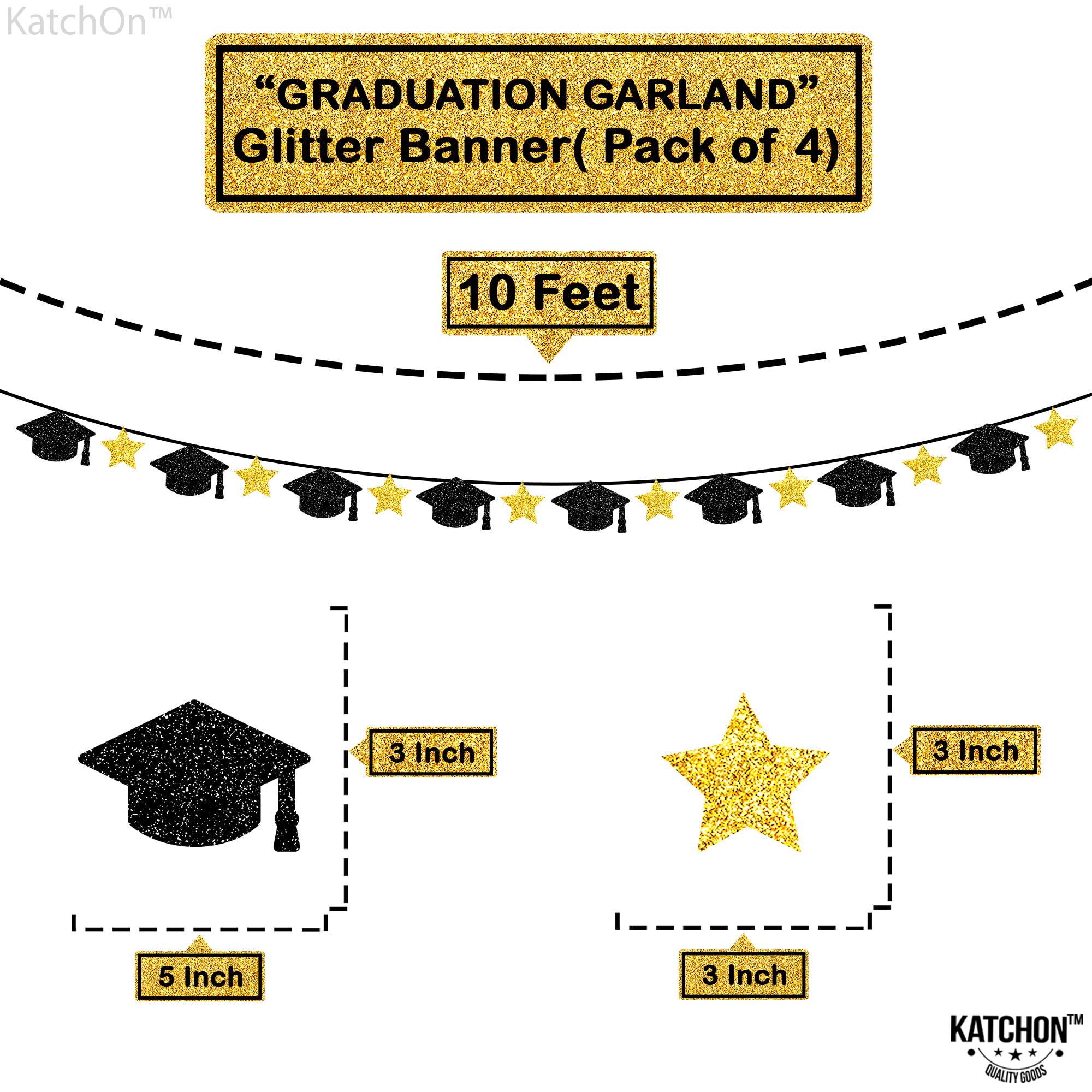 KatchOn Graduation Cap Garland - 10ft Gold & Black Class of 2025 Decor | 16in Graduation Balloons | Party Backdrop, Photo Booth & Wall Decoration for High School & College Graduation Celebrations