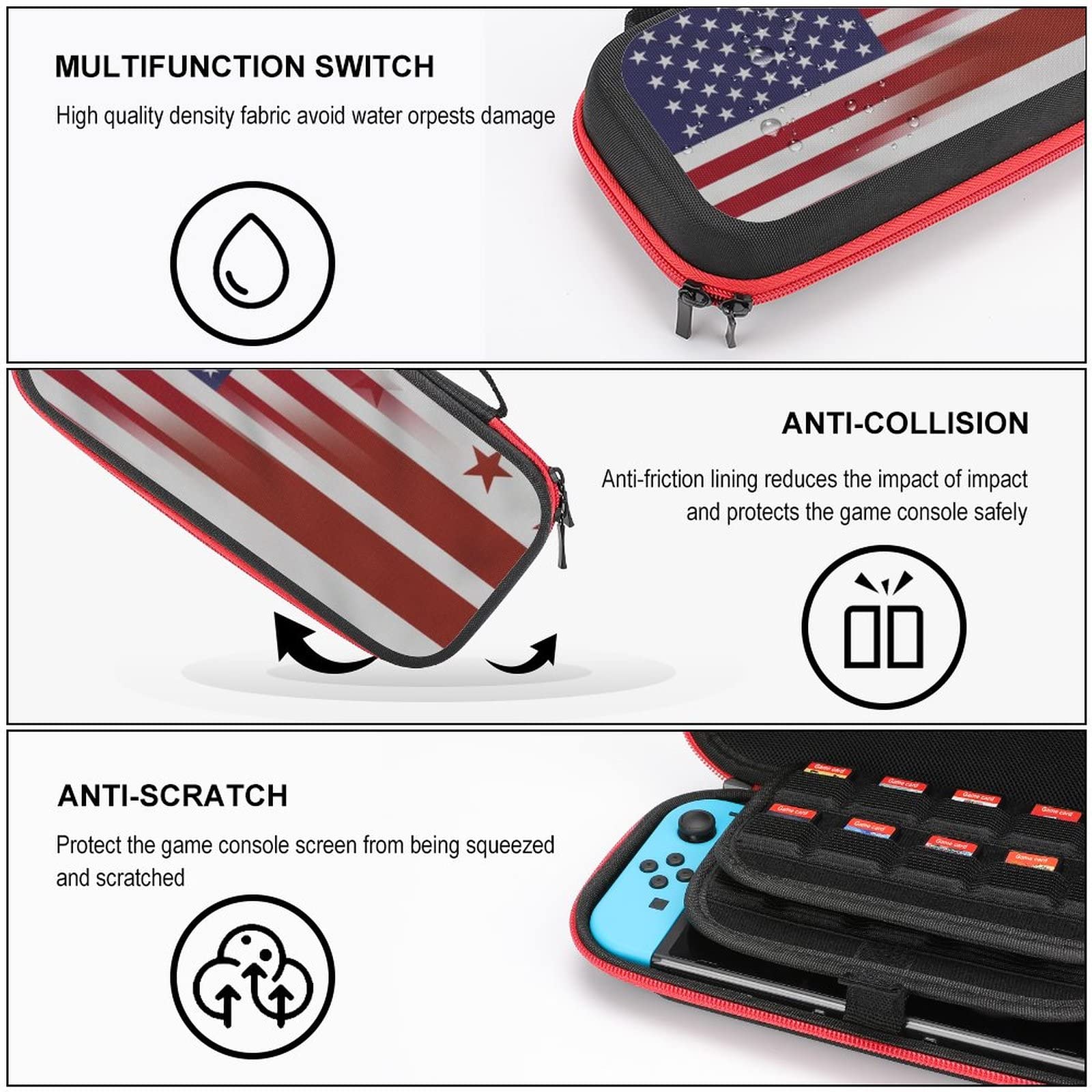 USA Flag & DC Nintendo Switch Carrying Case - Portable Travel Cover with 20 Game Card Slots - Perfect for Gaming on the Go & Travel Accessories