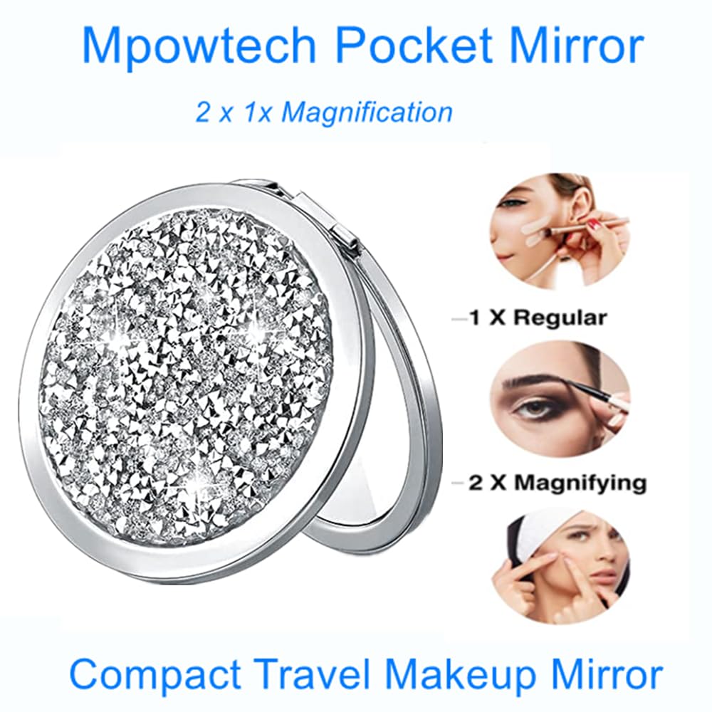 Silver Compact Mirror with 1x/2x Magnification - Double-Sided Folding Travel Makeup Mirror with Diamond Design | Perfect for Purse, Cosmetic Touch-Ups & Gift Giving