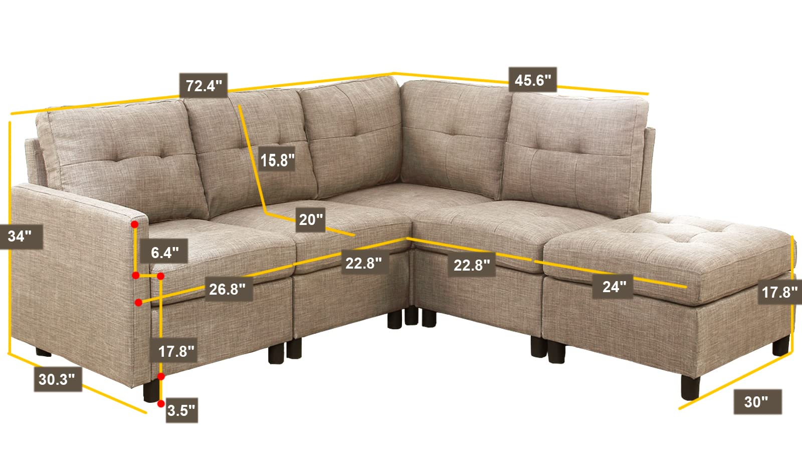 4-Seat Modular Sectional Sofa Set with Ottoman - L-Shaped Fabric Couch for Living Room, Basement & Apartment - Khaki Grey | Perfect for Family Gatherings & Movie Nights