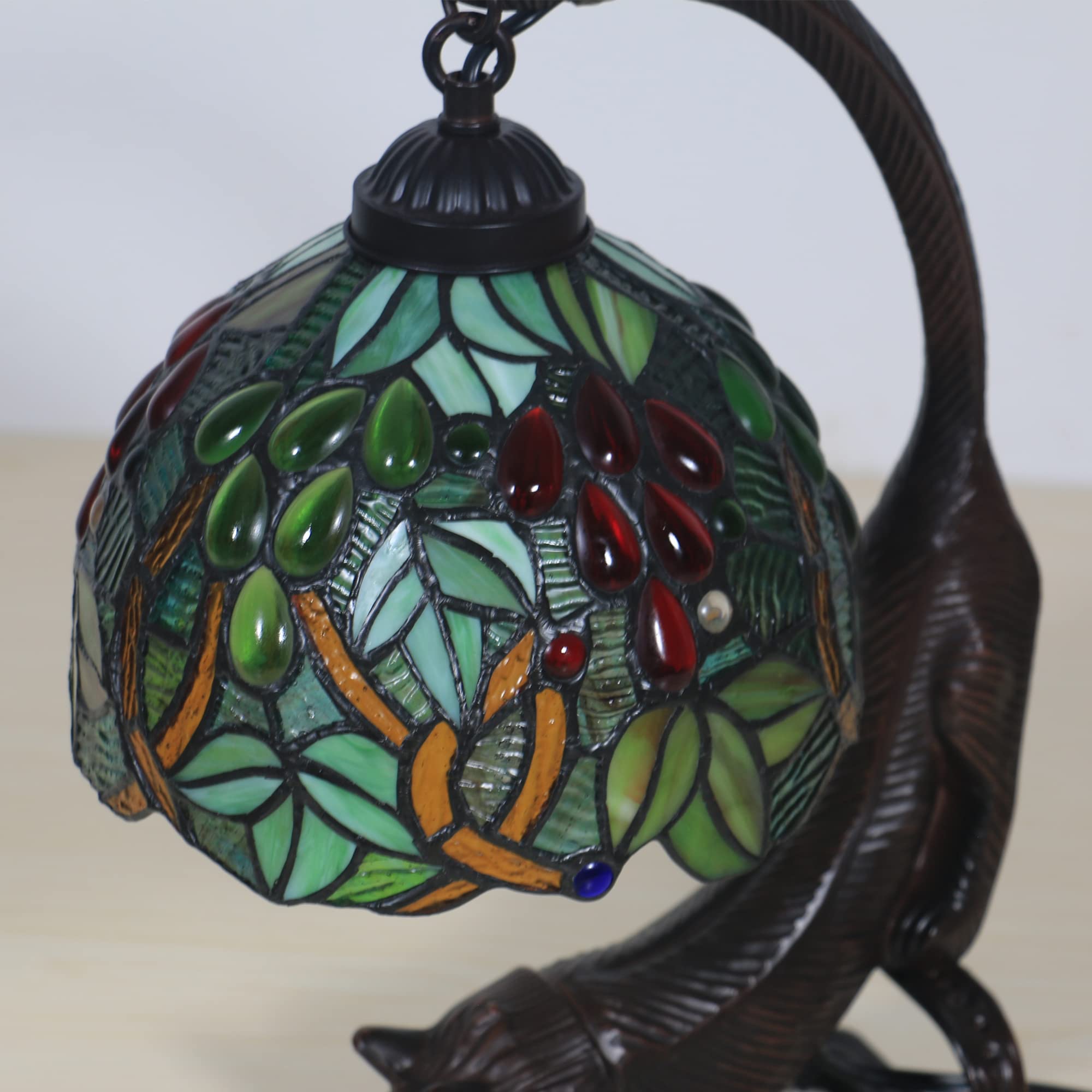 8 Inch Tiffany Style Table Lamp - Green Grapes Stained Glass Desk Lamp with Alloy Cat Base, E26 MAX40W for Living Room, Bedroom & Bedside Decor | Perfect for Home Office, Reading Nook & Cozy Ambiance