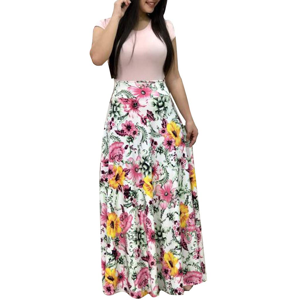 Floral Print Short Sleeve Swing Dress for Women - Summer Casual Maxi Sundress in White - Perfect for Beach Vacations, Garden Parties & Everyday Wear