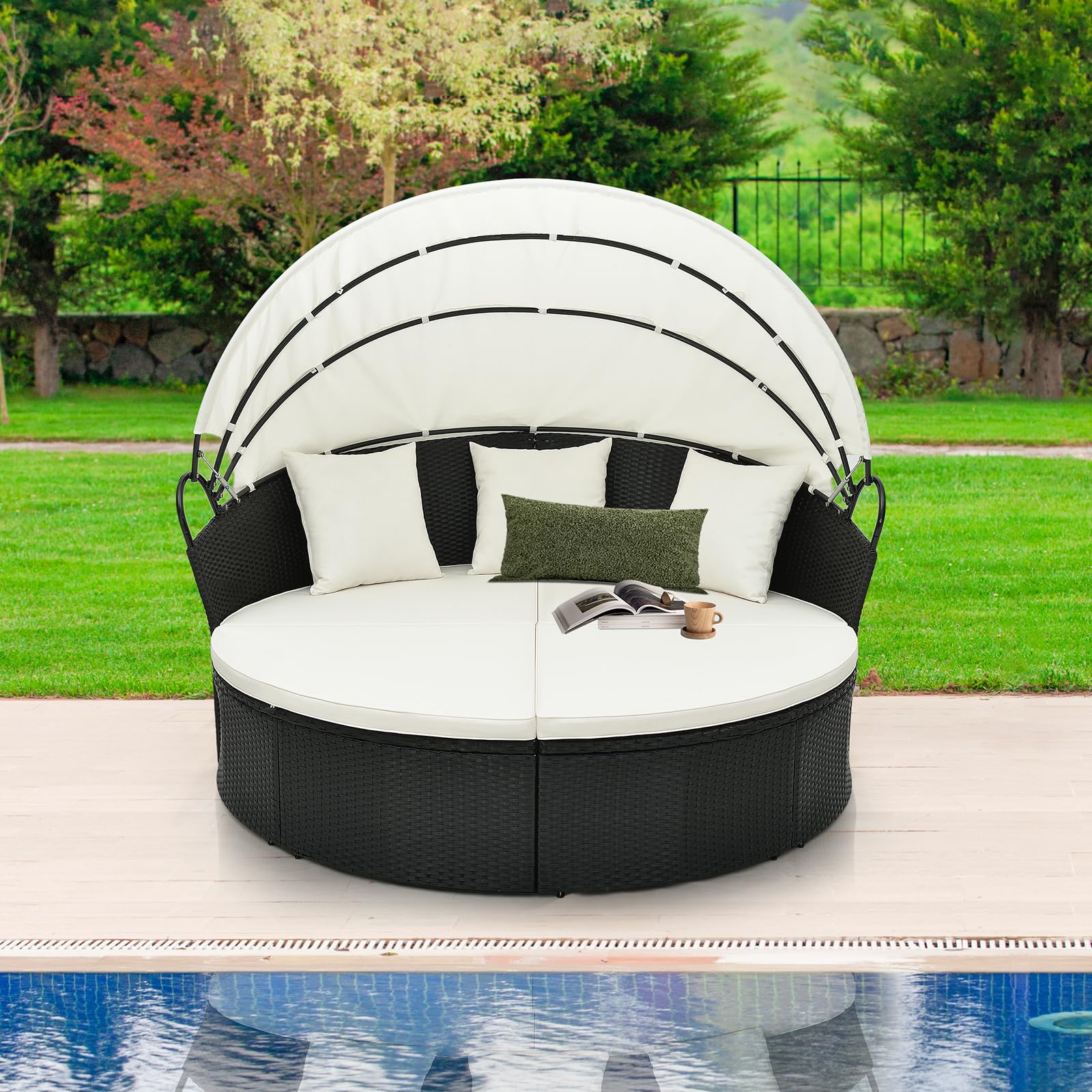 Tangkula Outdoor Patio Round Daybed with Retractable Canopy - Black Rattan Wicker Sectional Sofa with Cushions & Pillows - Backyard Lounge Furniture for Poolside, Garden, or Deck (Off White)