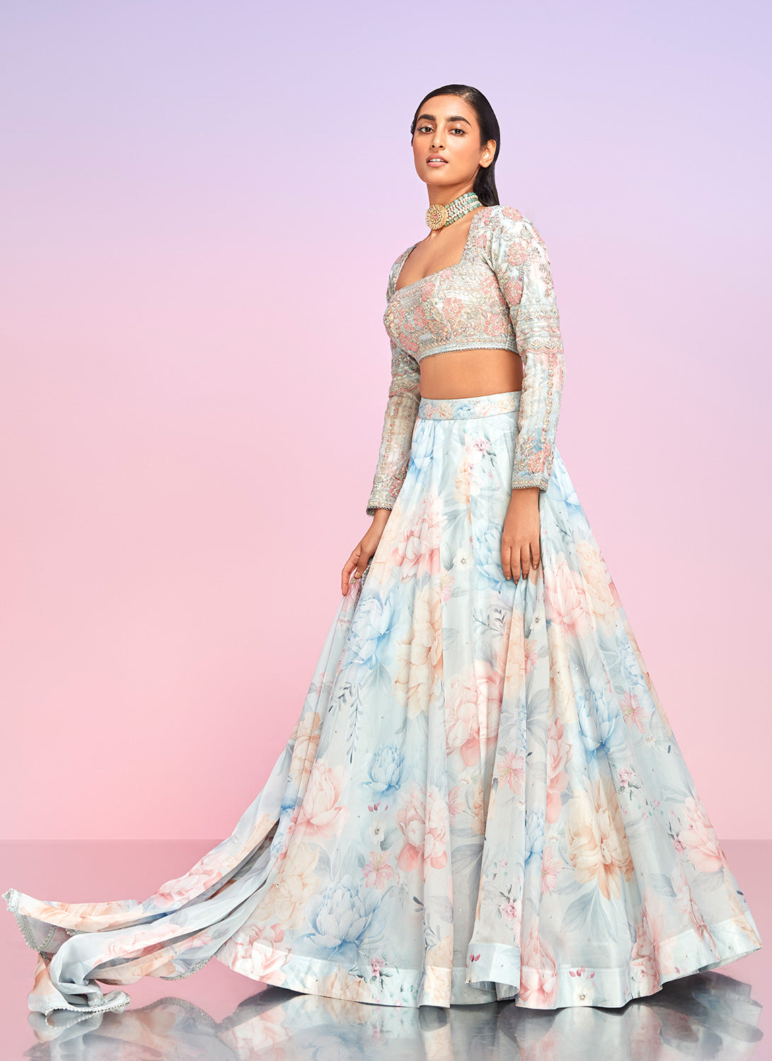 Light Blue Multicolor Floral Embellished Lehenga Choli - Indian Bridal Party Wear for Weddings & Festivals