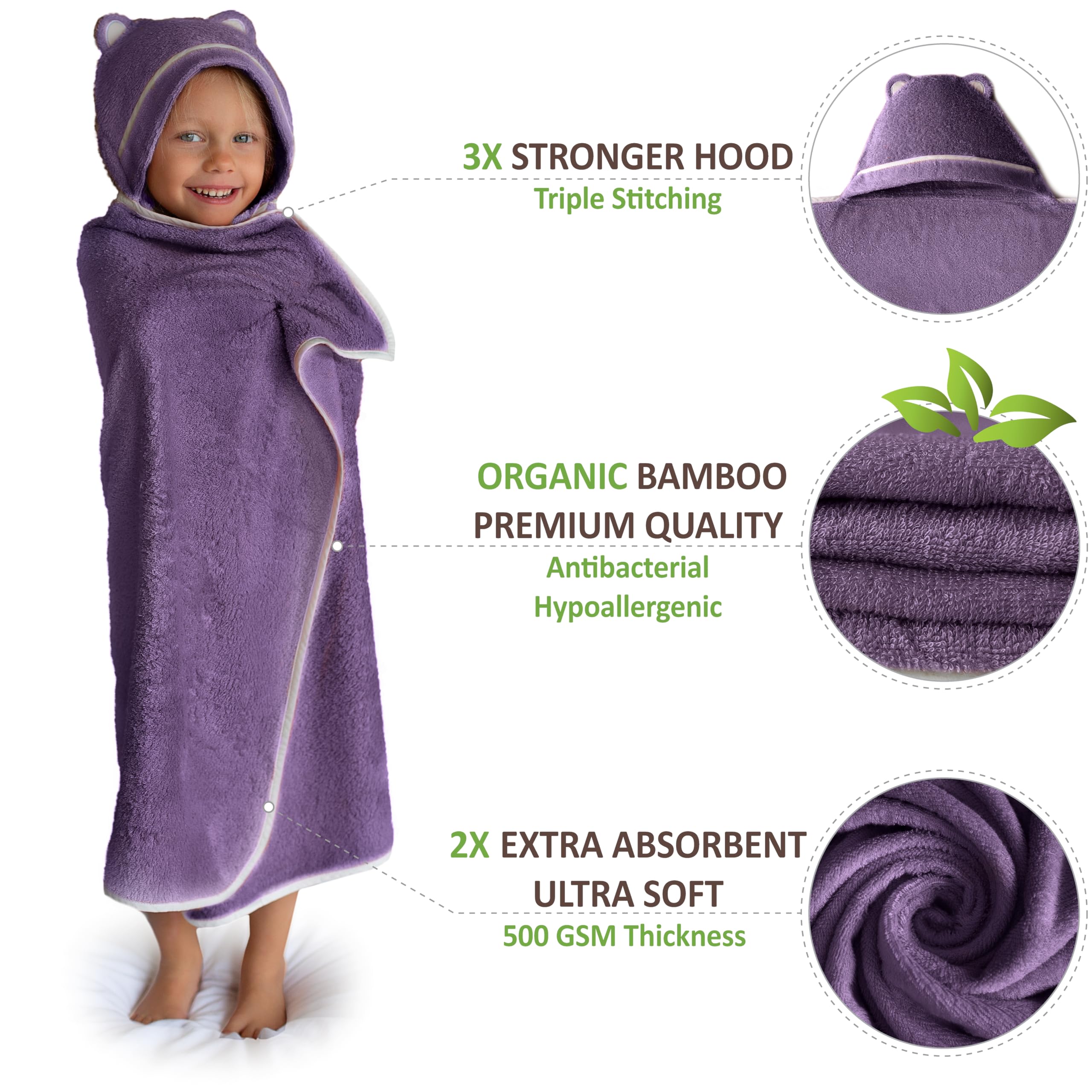 Premium Bamboo Rayon Hooded Toddler Towels - Soft & Absorbent Baby Bath Towel for Boys & Girls - Large Kids Hooded Towel (Purple) - Perfect for Bath Time, Swimming & Beach Outings