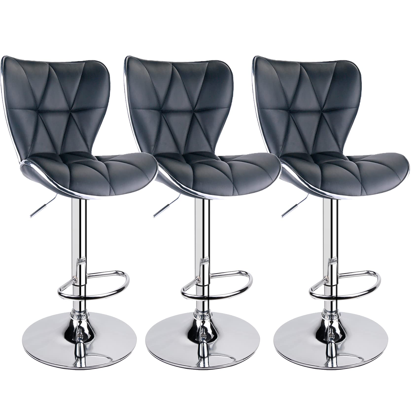 Premium Adjustable Swivel Bar Stools with Shell Back Design - Set of 3 PU Leather Padded Counter Height Stools (Black) - Perfect for Kitchen Islands, Home Bars & Breakfast Nooks