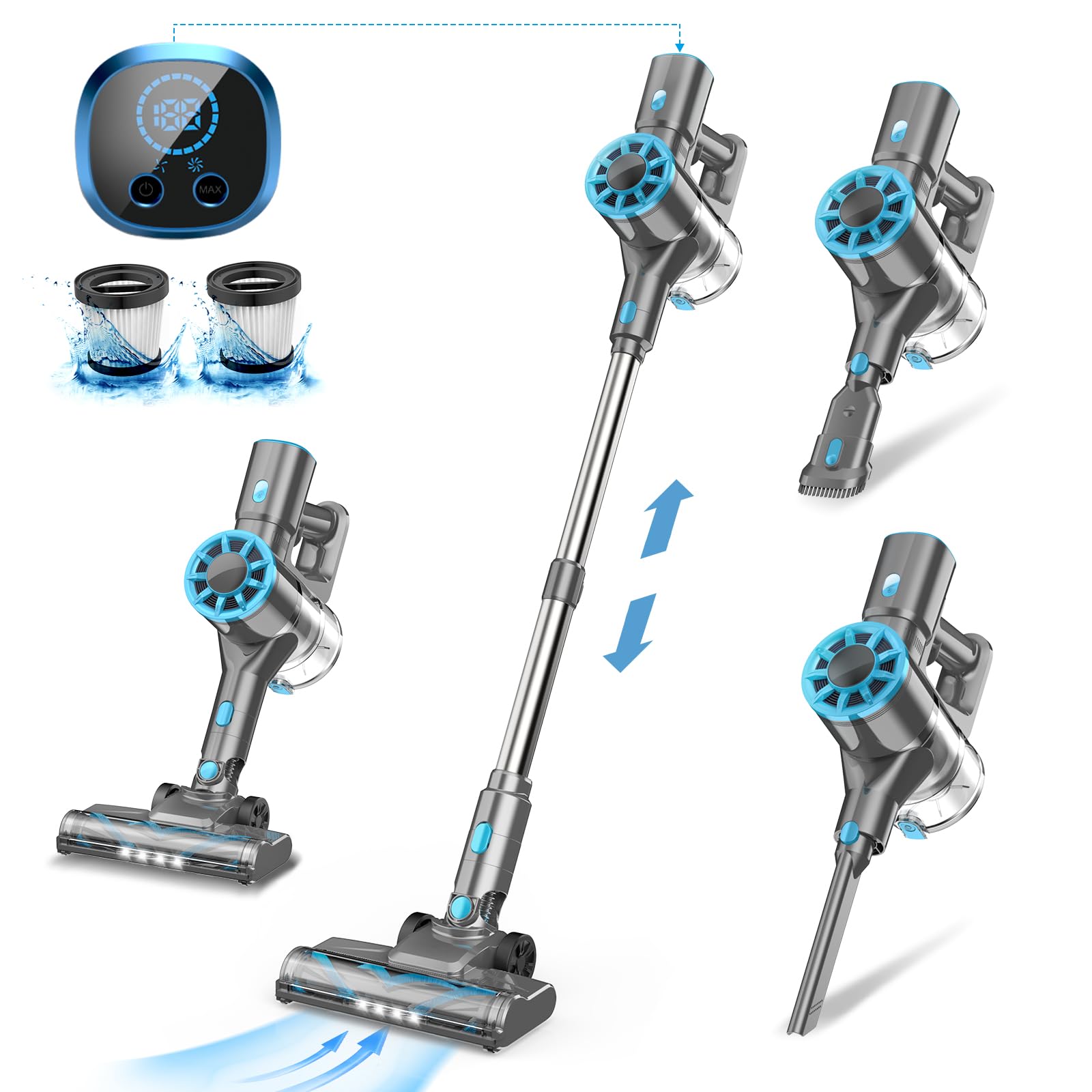 Vazone Cordless Stick Vacuum Cleaner - Lightweight, Self-Standing with Rechargeable Battery & LED Display - Ideal for Hardwood Floors & Pet Hair - Perfect for Home, Apartment, and Office Cleaning (Blue)